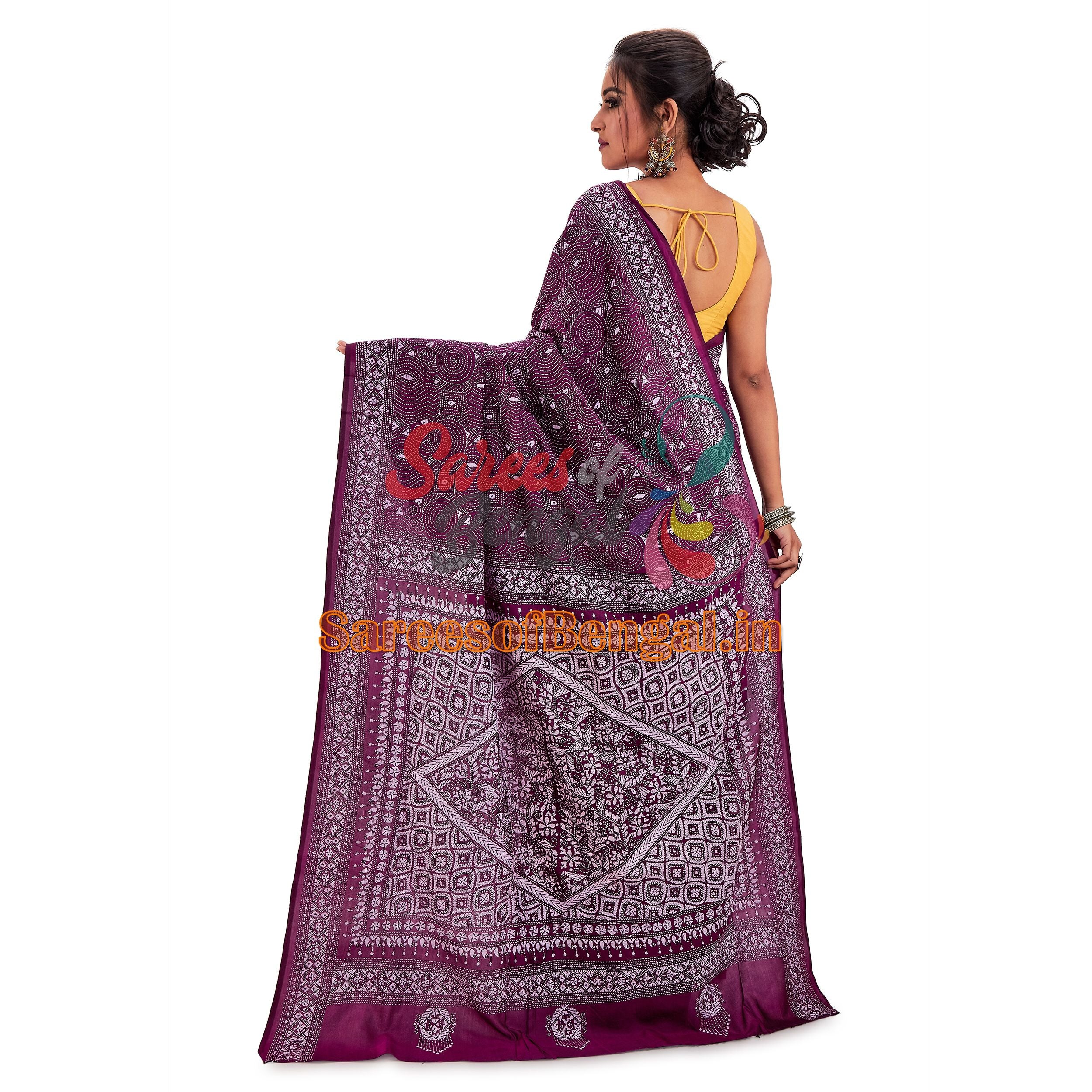 'Alpona' Embroidered Kantha Silk Saree