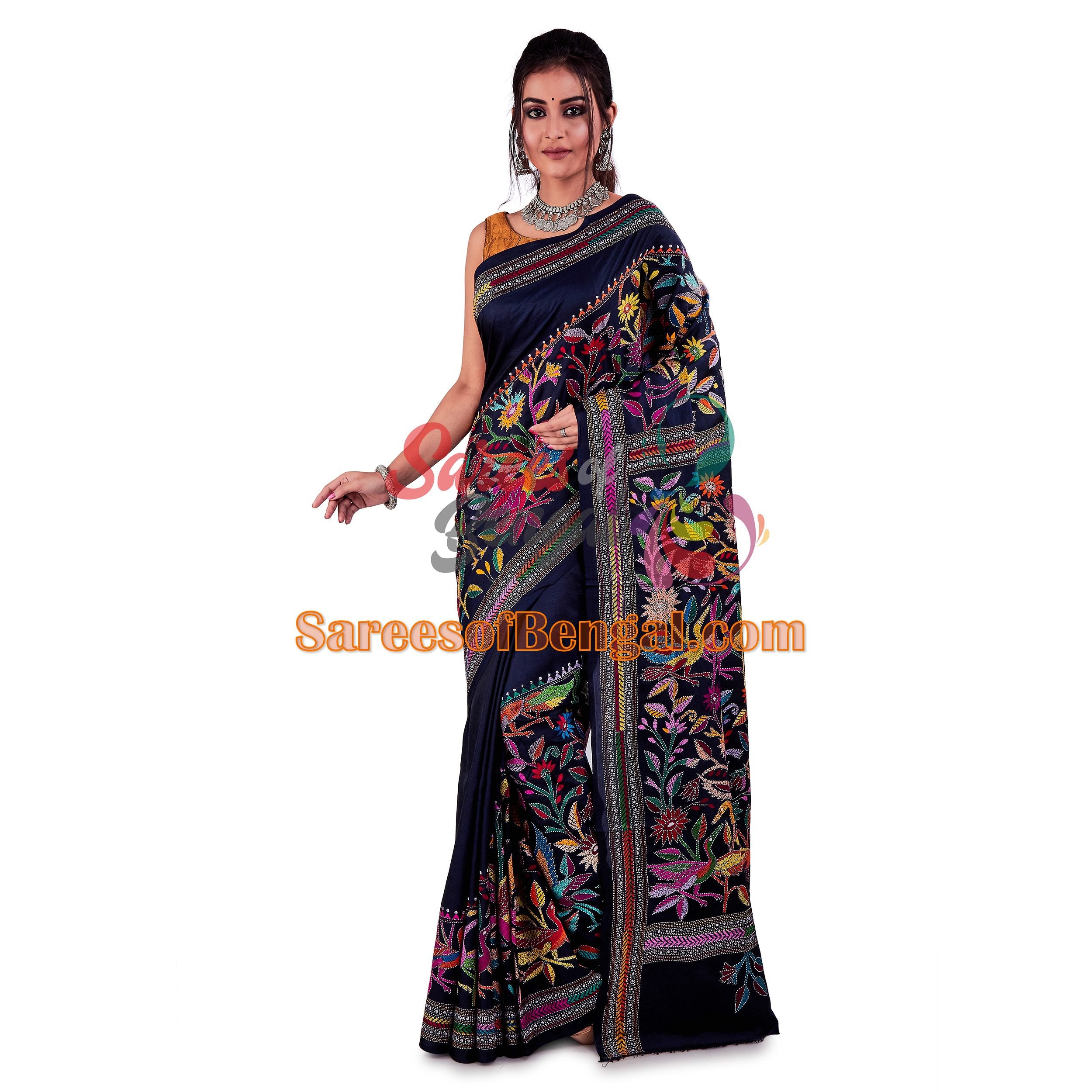 Bird Motif Kantha Silk Saree Black