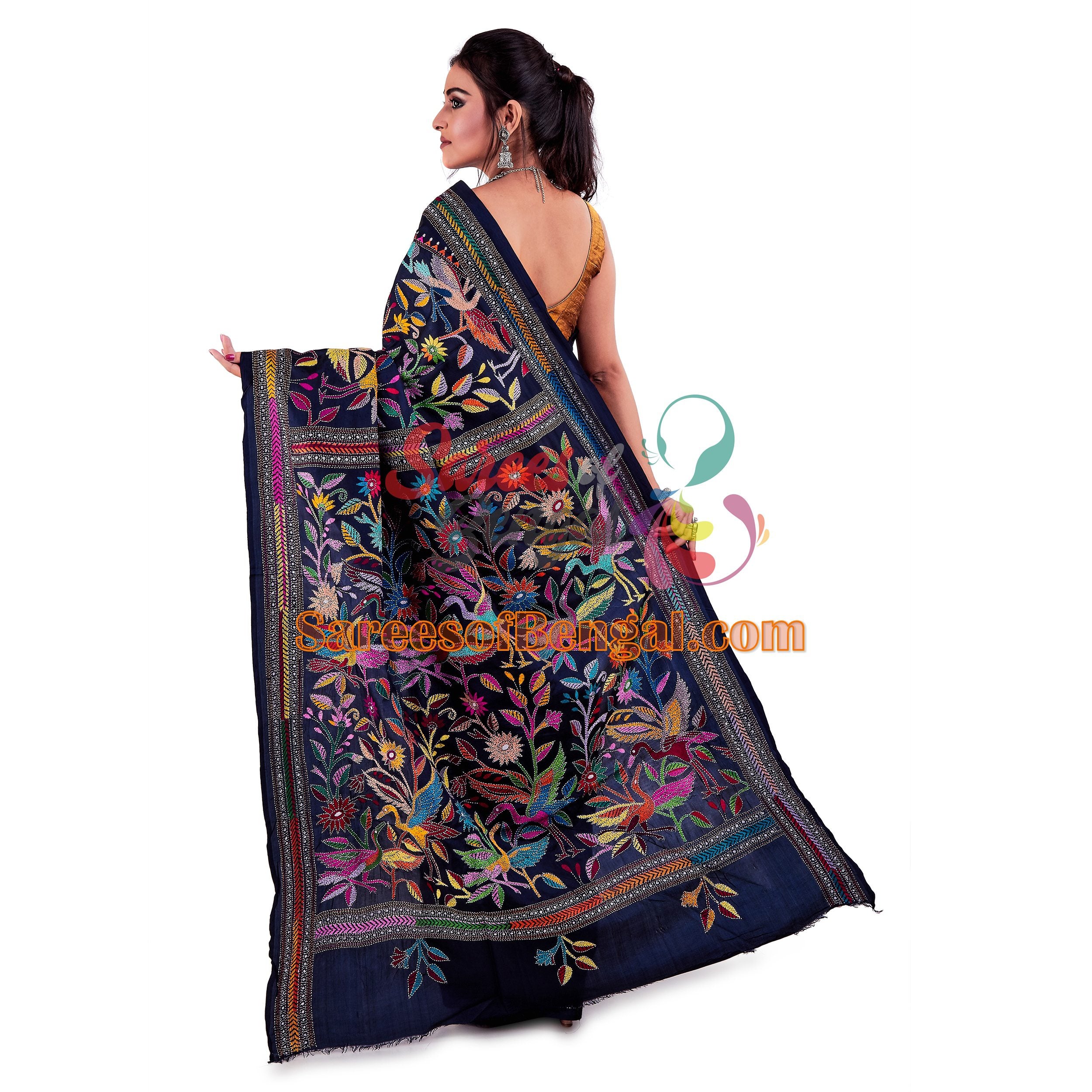 Bird Motif Kantha Silk Saree Black