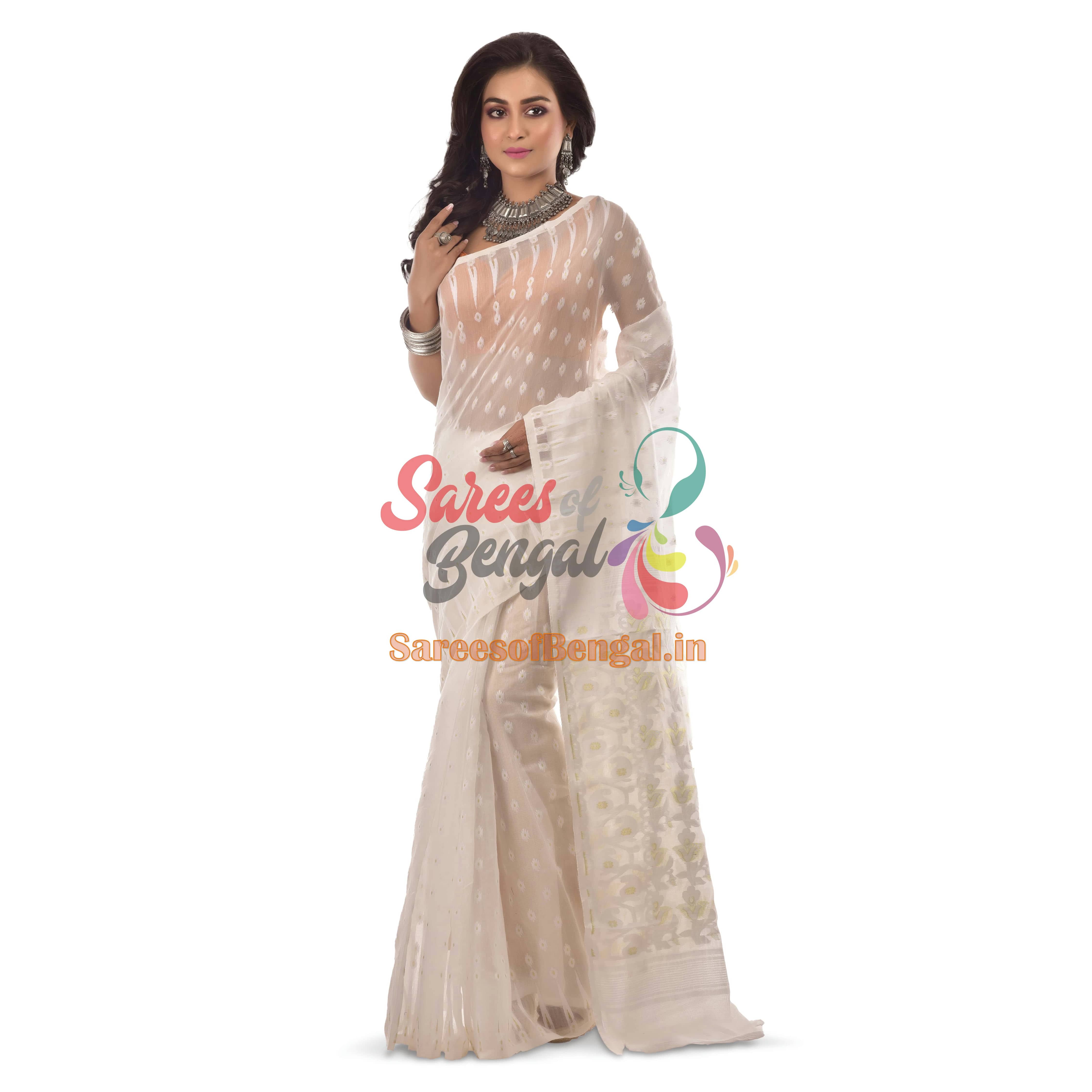 Jamdani White Self Work Saree