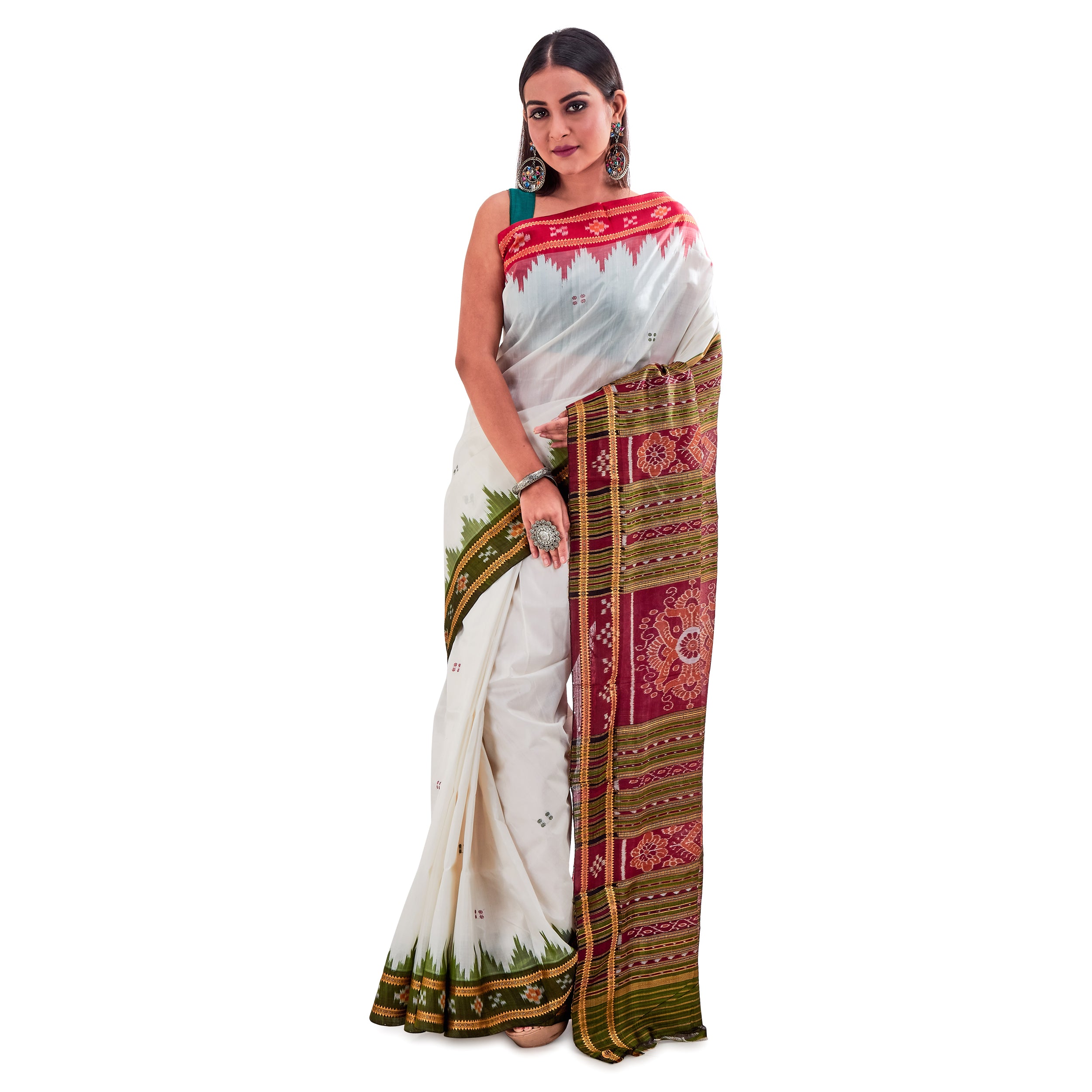 Ganga-Jamuna Border White Ikkat Saree