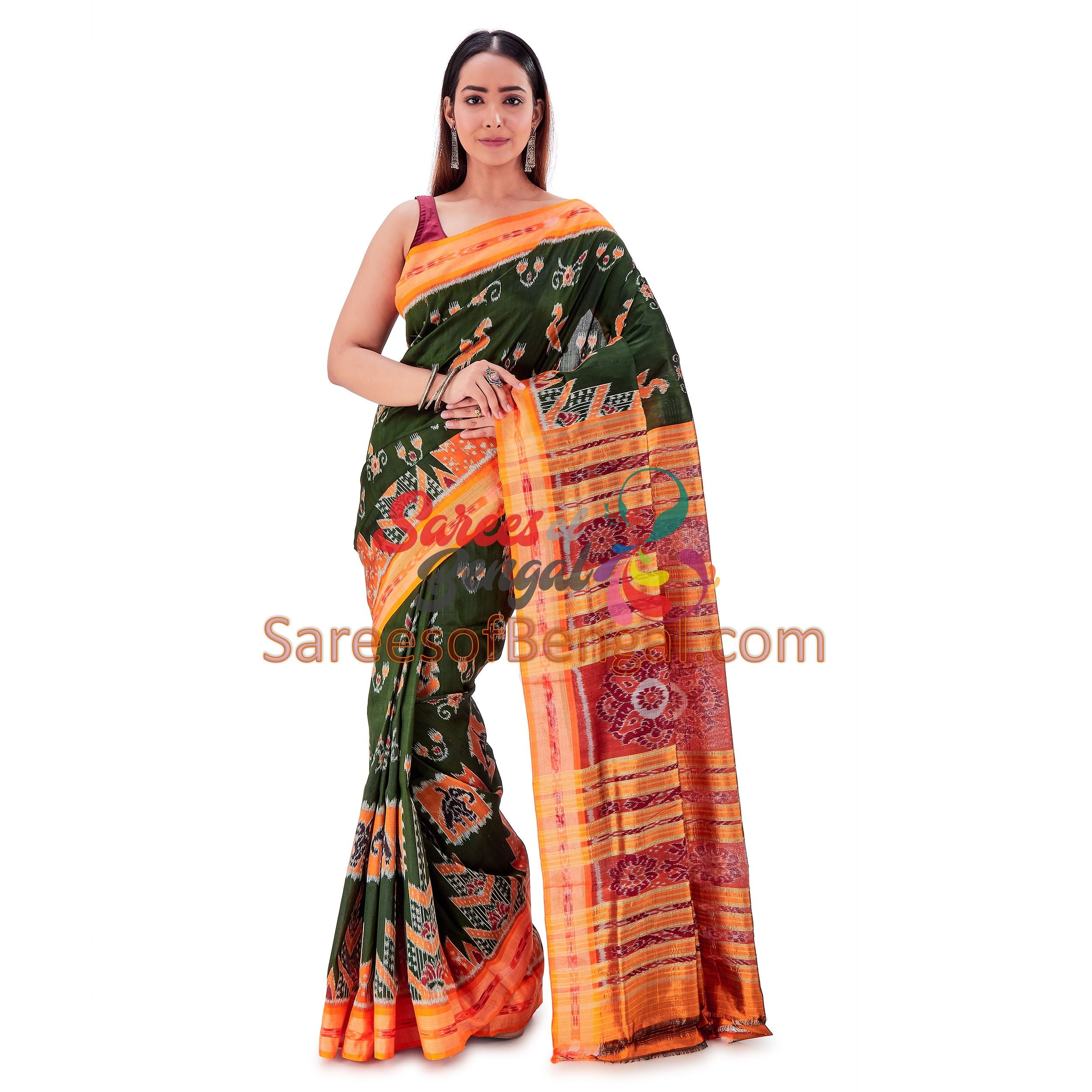 Green Khandua Ikkat Silk Saree