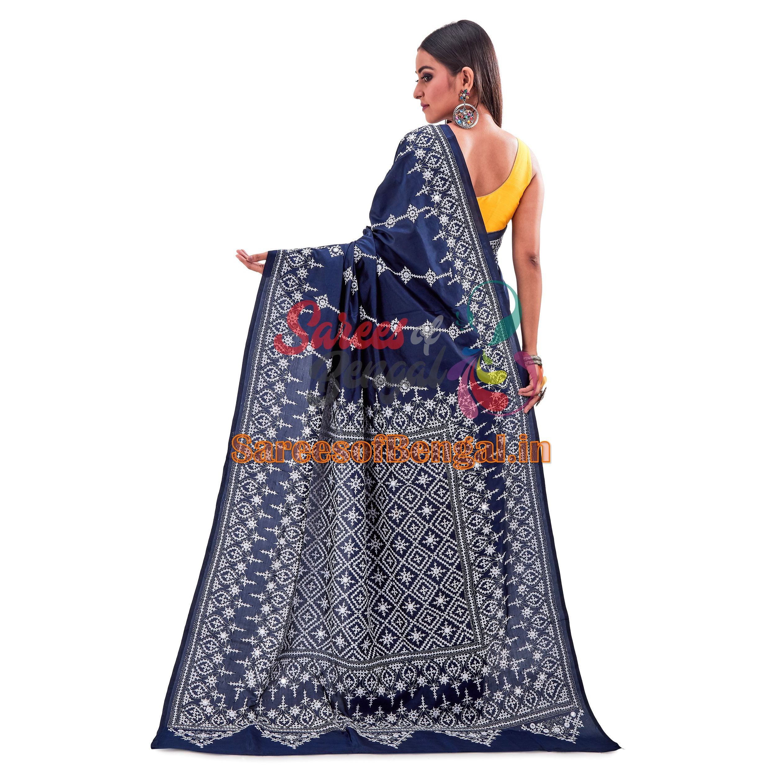 Hand Embroidered Gujarati Stitch Silk Saree