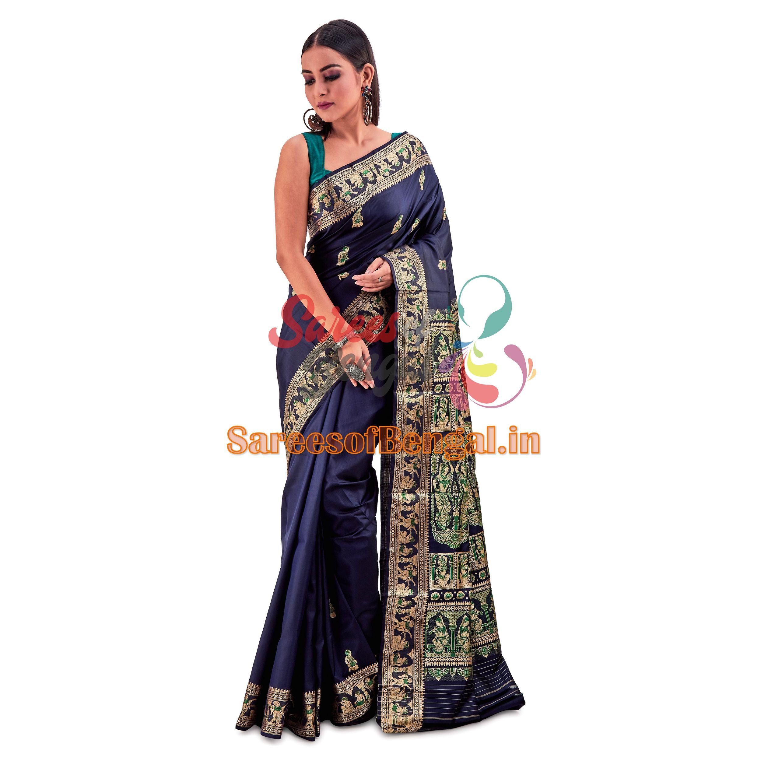 Handwoven Navy Blue Baluchari Silk Saree