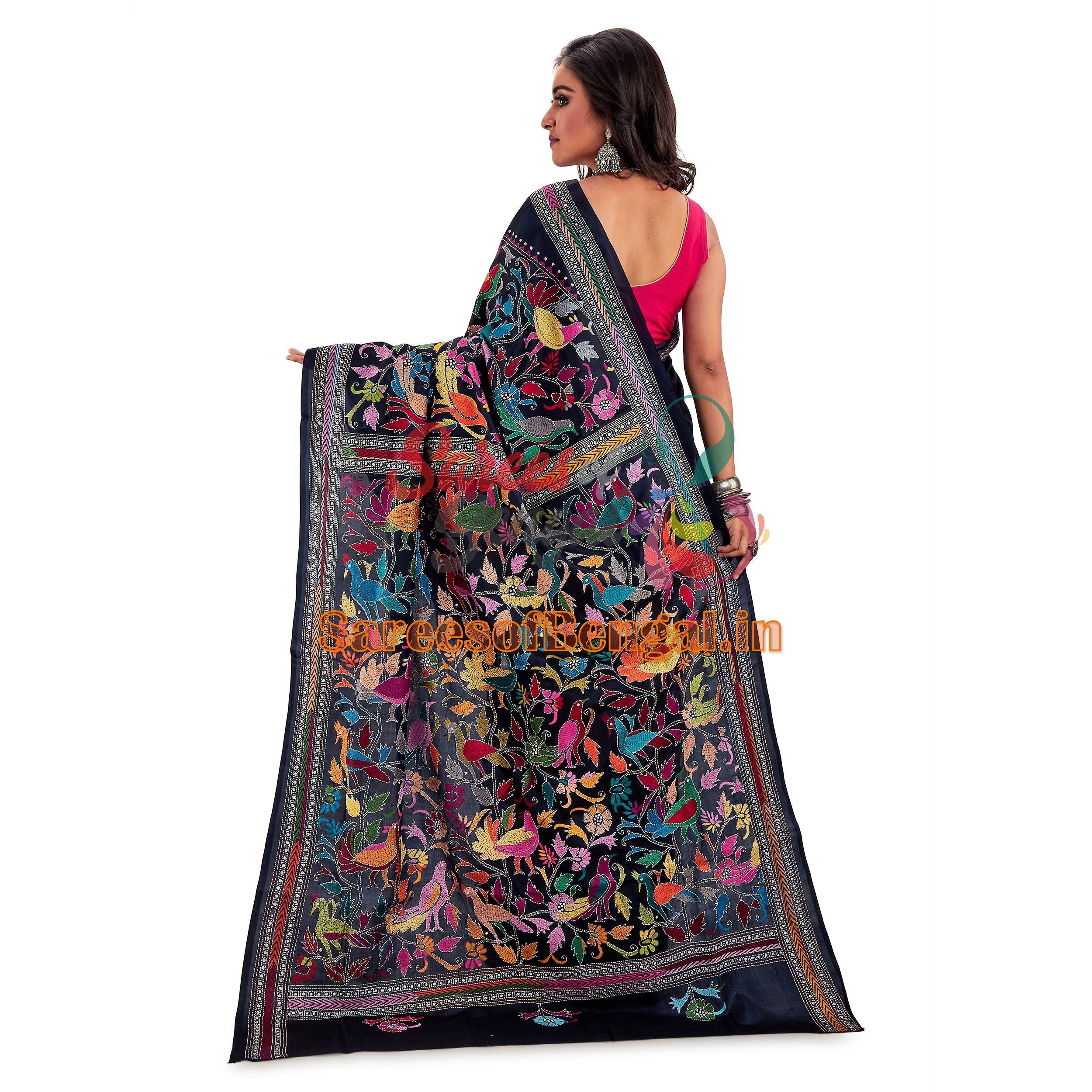 Bird Motif Bolpur Kantha Silk Saree