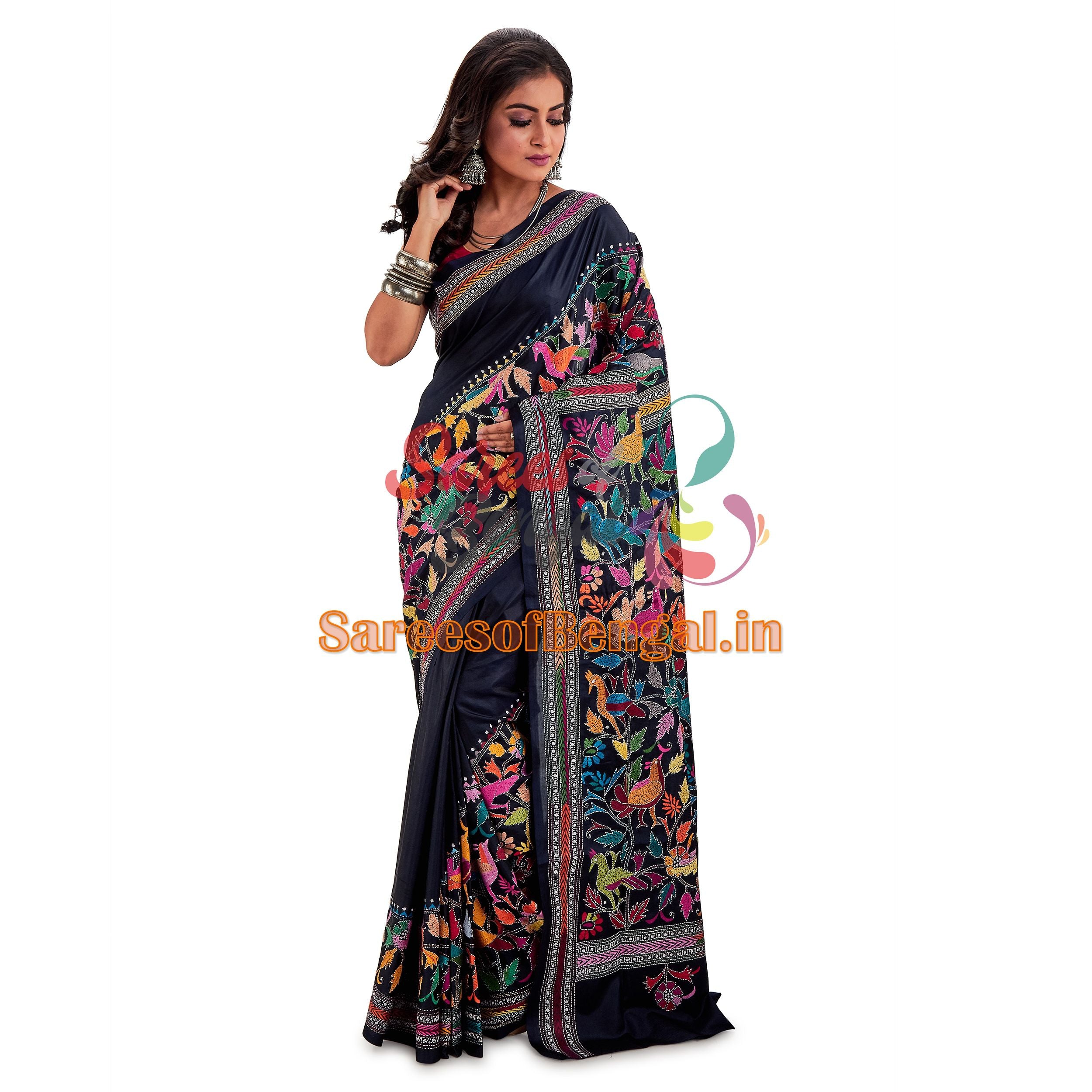 Bird Motif Bolpur Kantha Silk Saree