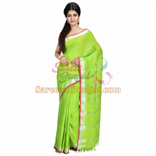 Lime Green Organic Linen Handwoven Saree