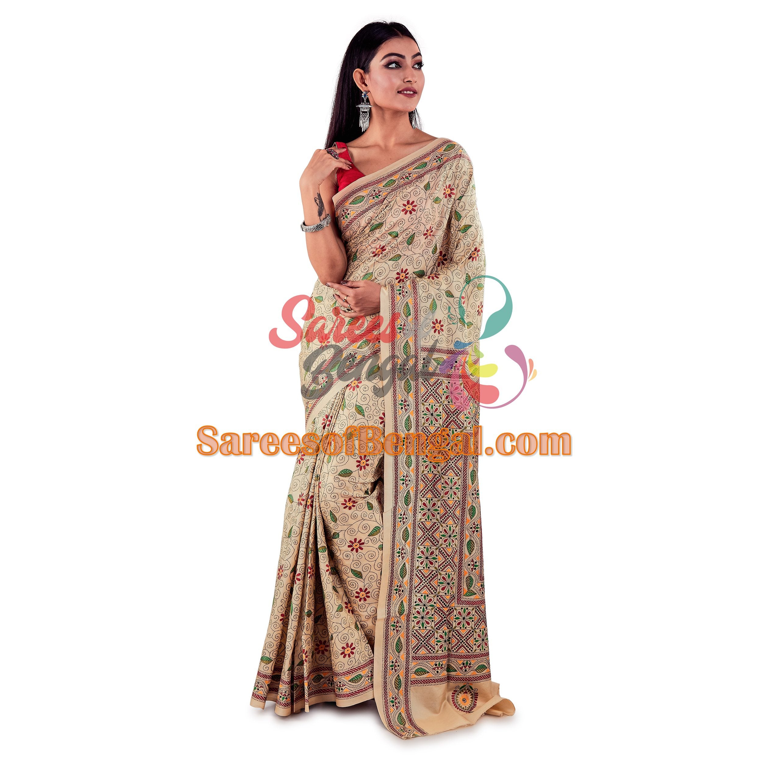 Allover Embroidered Kantha Silk Saree