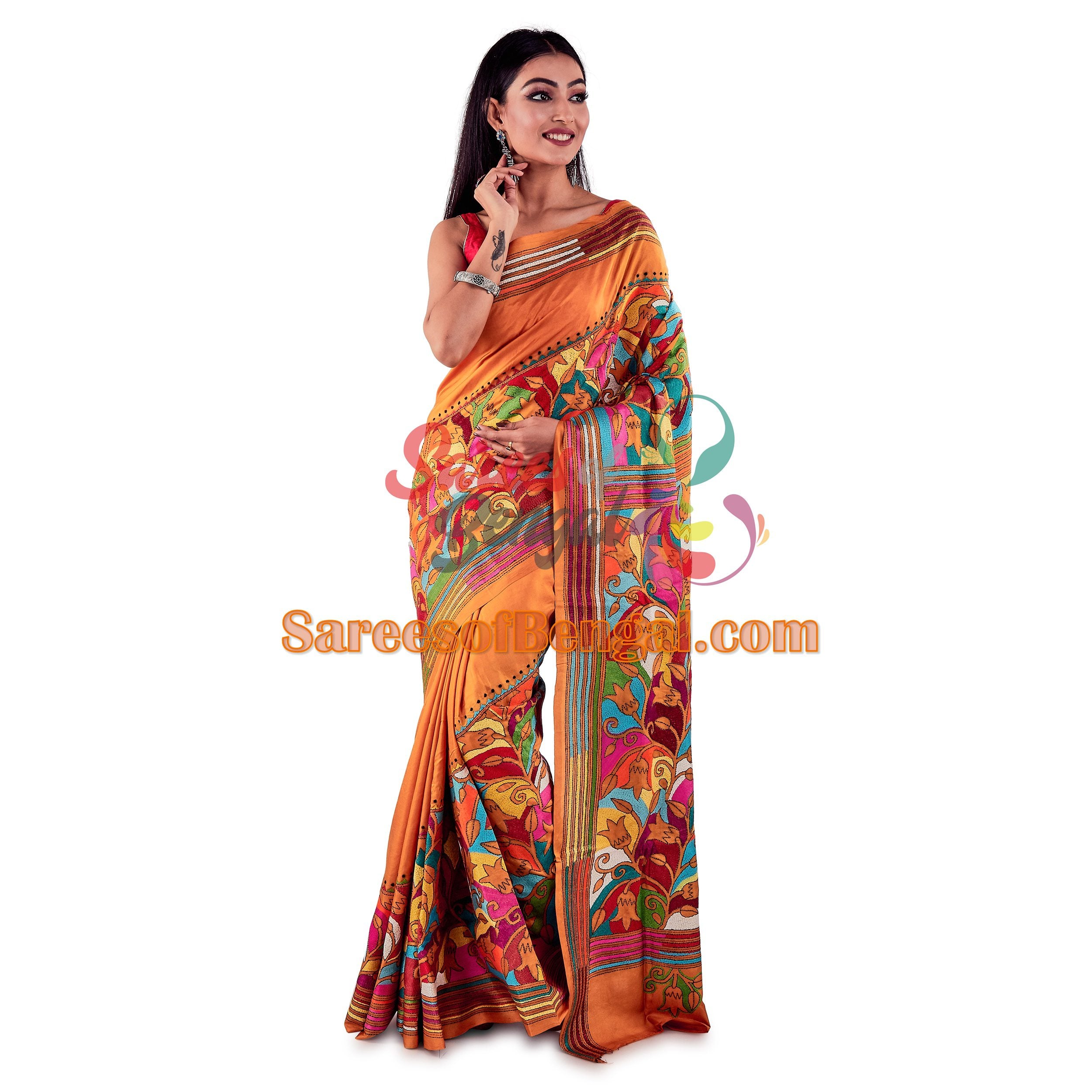 Multicoloured Embroidered Kantha Silk Saree