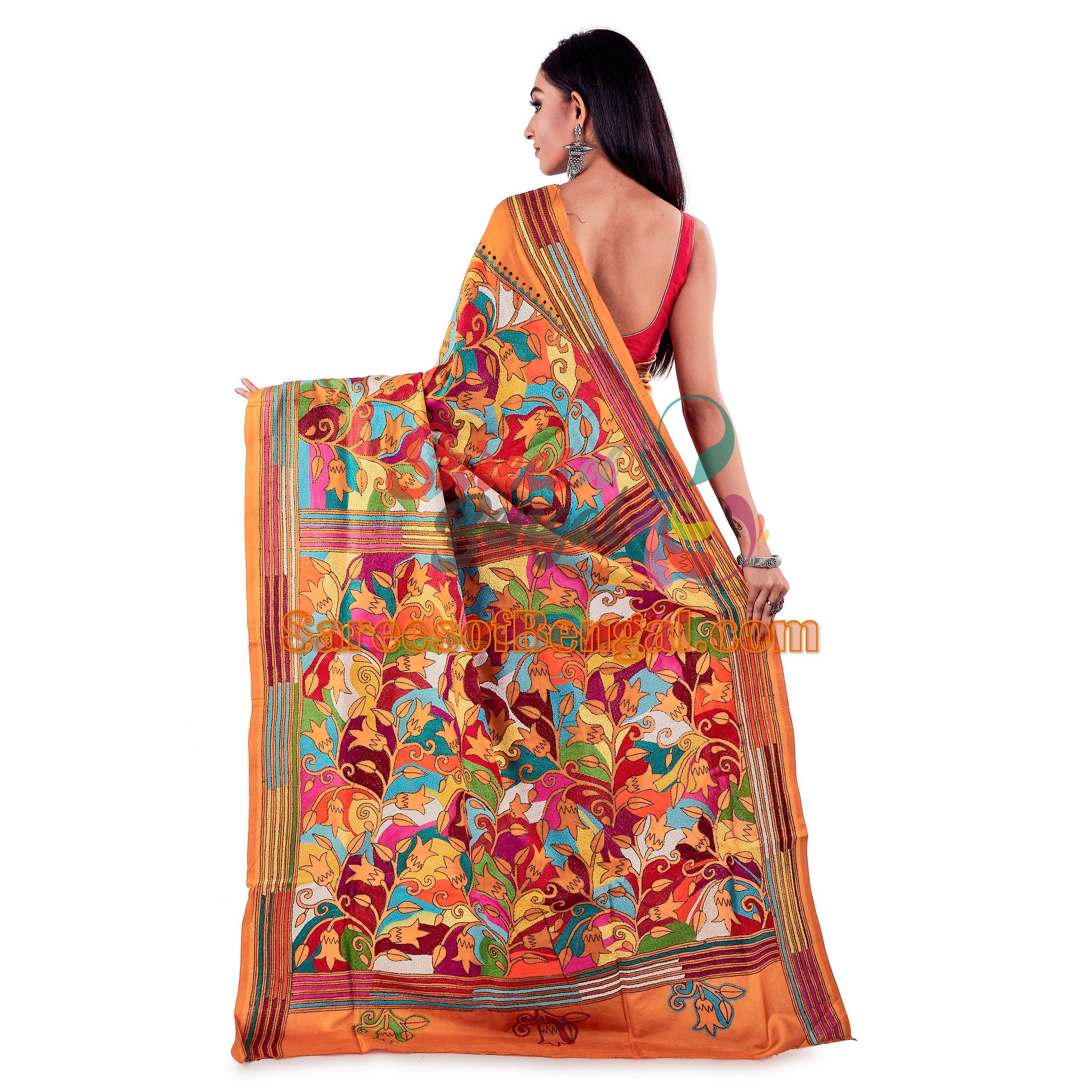 Multicoloured Embroidered Kantha Silk Saree