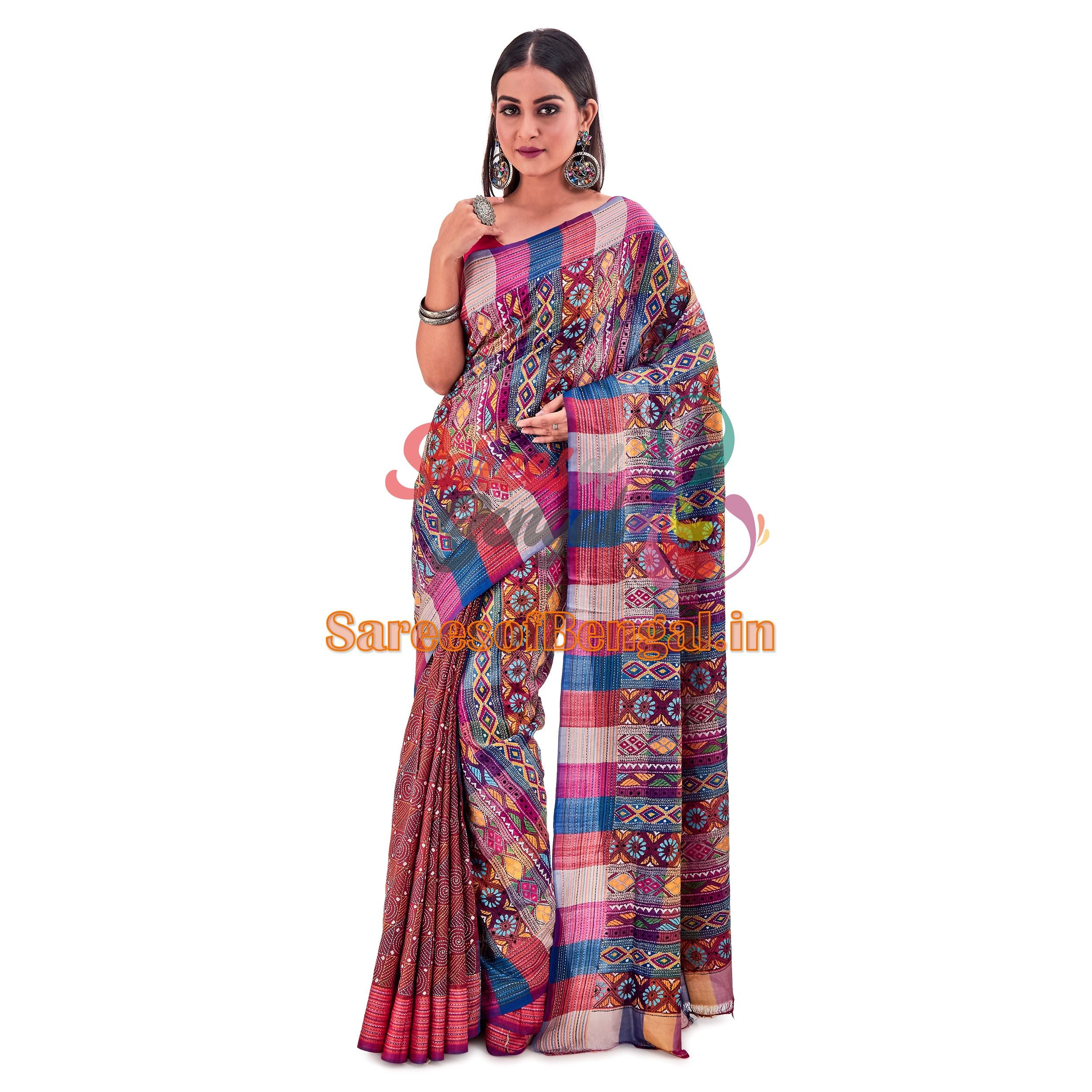 Half-n-half Bishnupuri Silk Kantha Saree