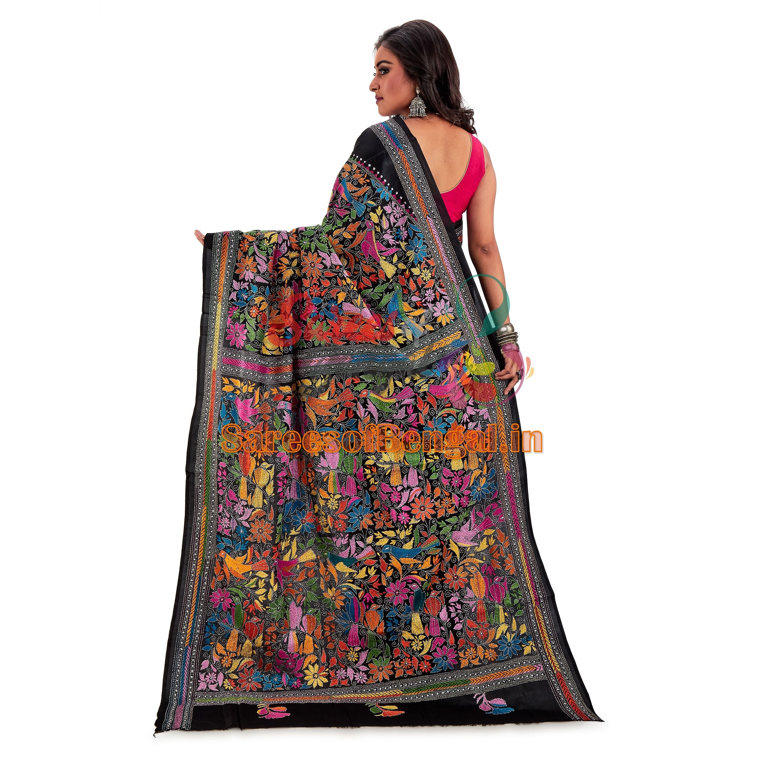 Bird Motif Kantha Silk Saree Black