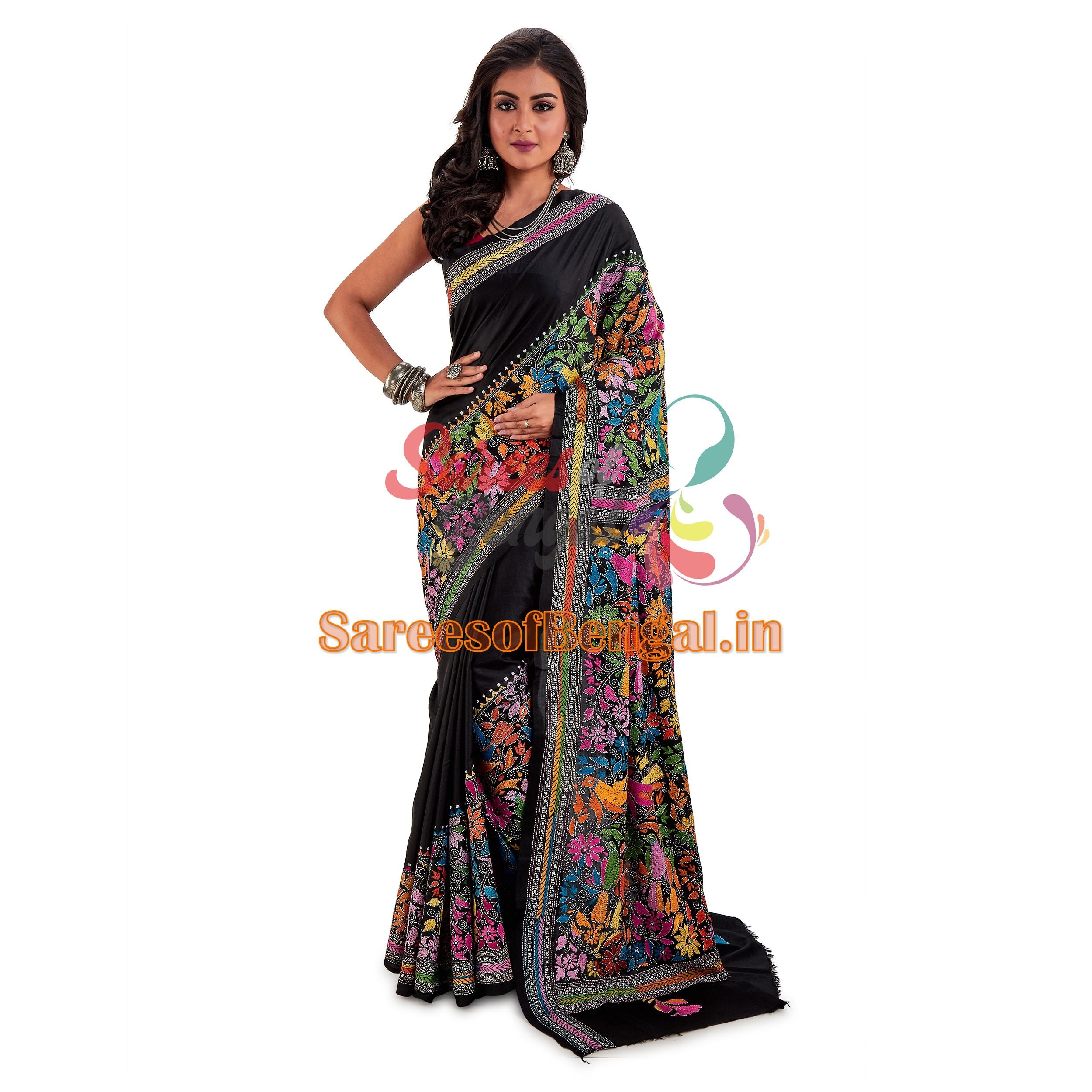 Bird Motif Kantha Silk Saree Black