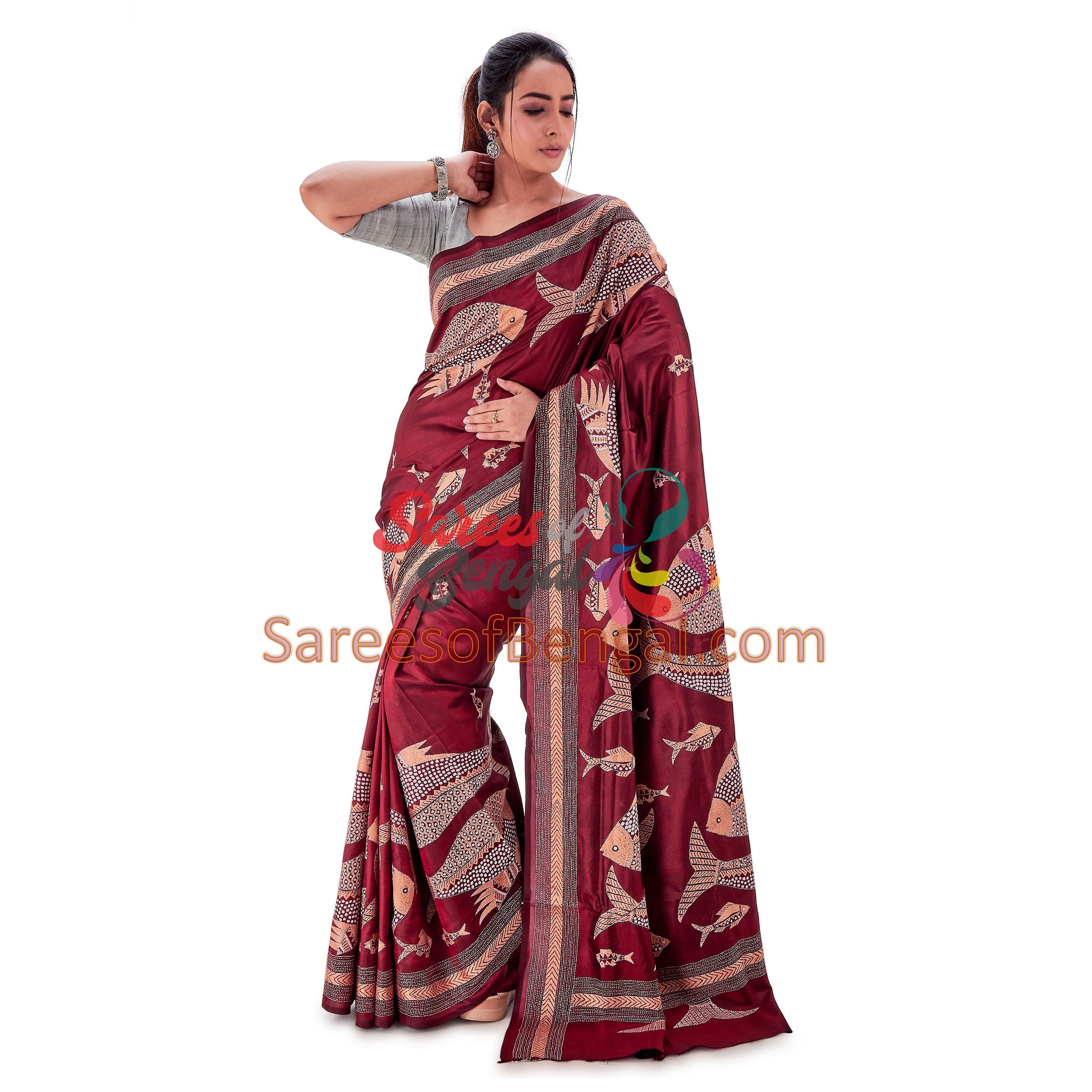 Fish Motif Kantha Silk Saree Black