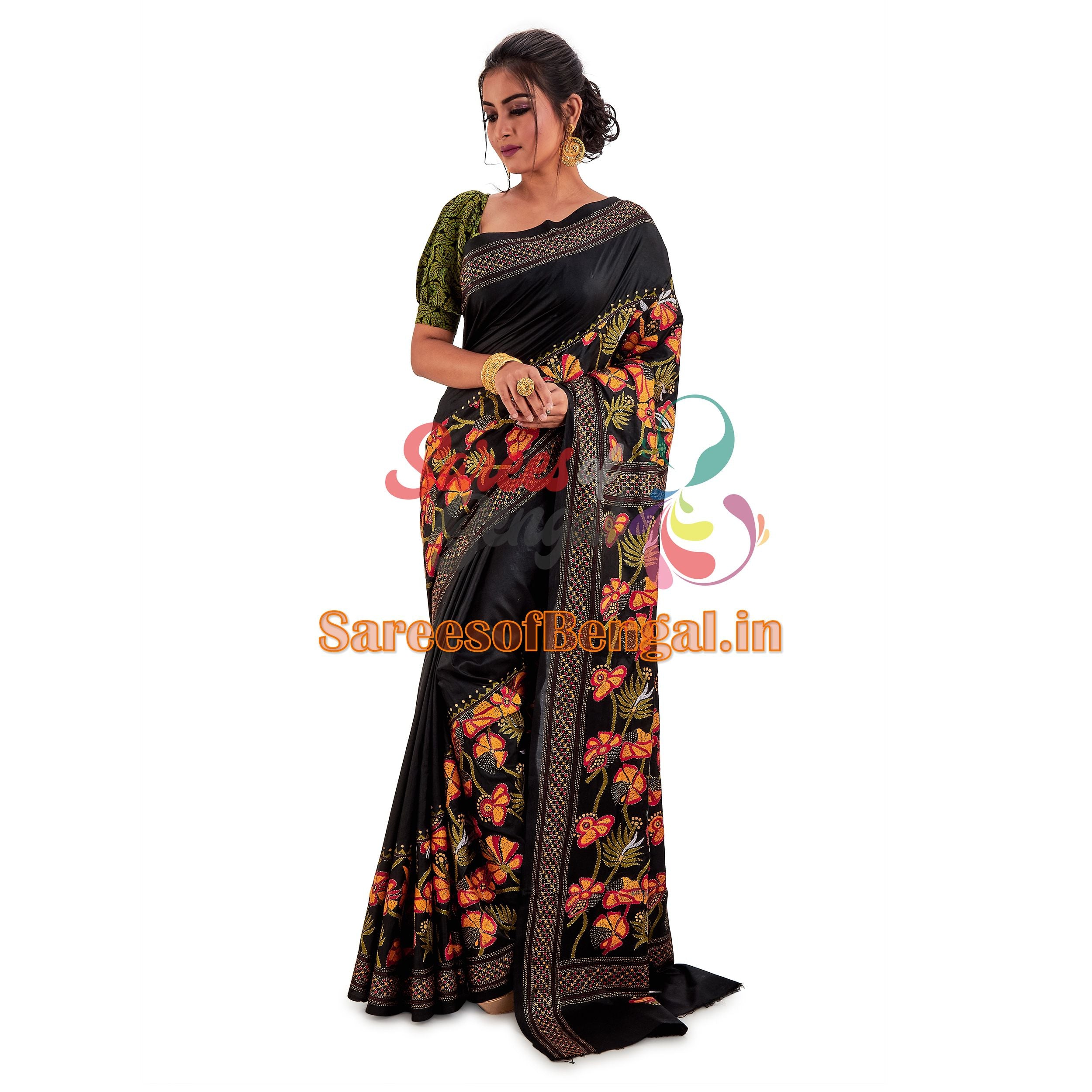 Bolpur Hand Embroidered Kantha Silk Saree