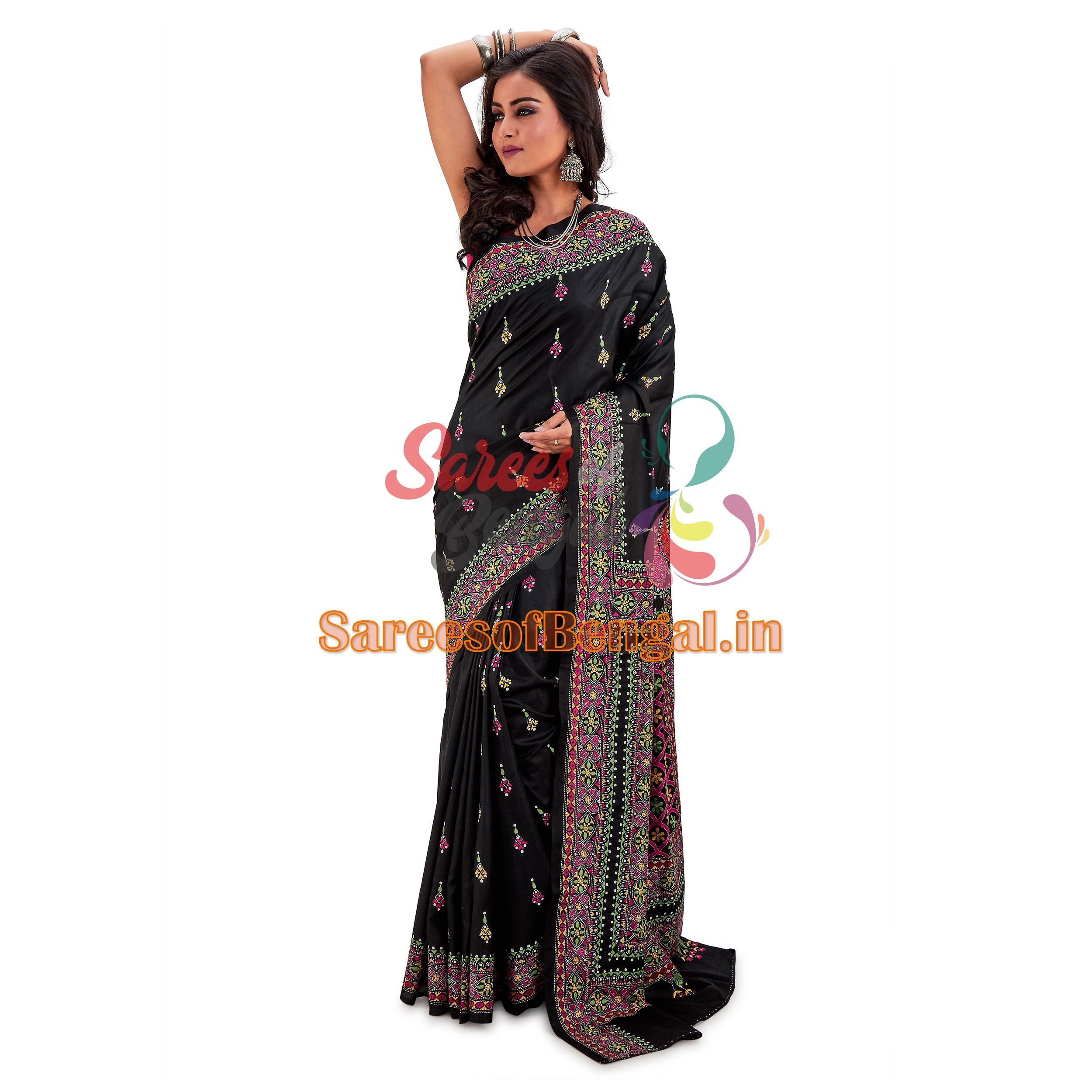 Black Embroidered Kantha Silk Saree