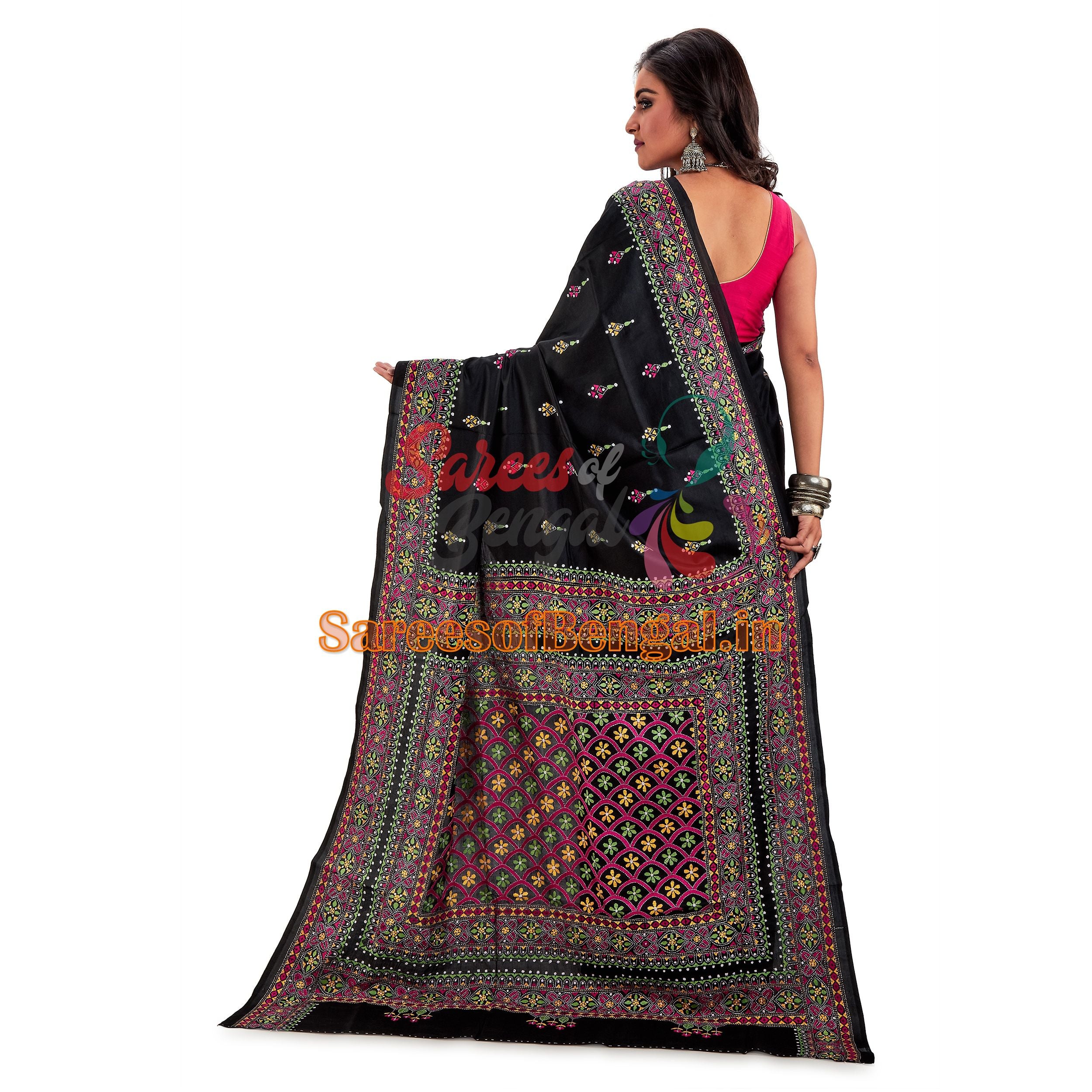 Black Embroidered Kantha Silk Saree