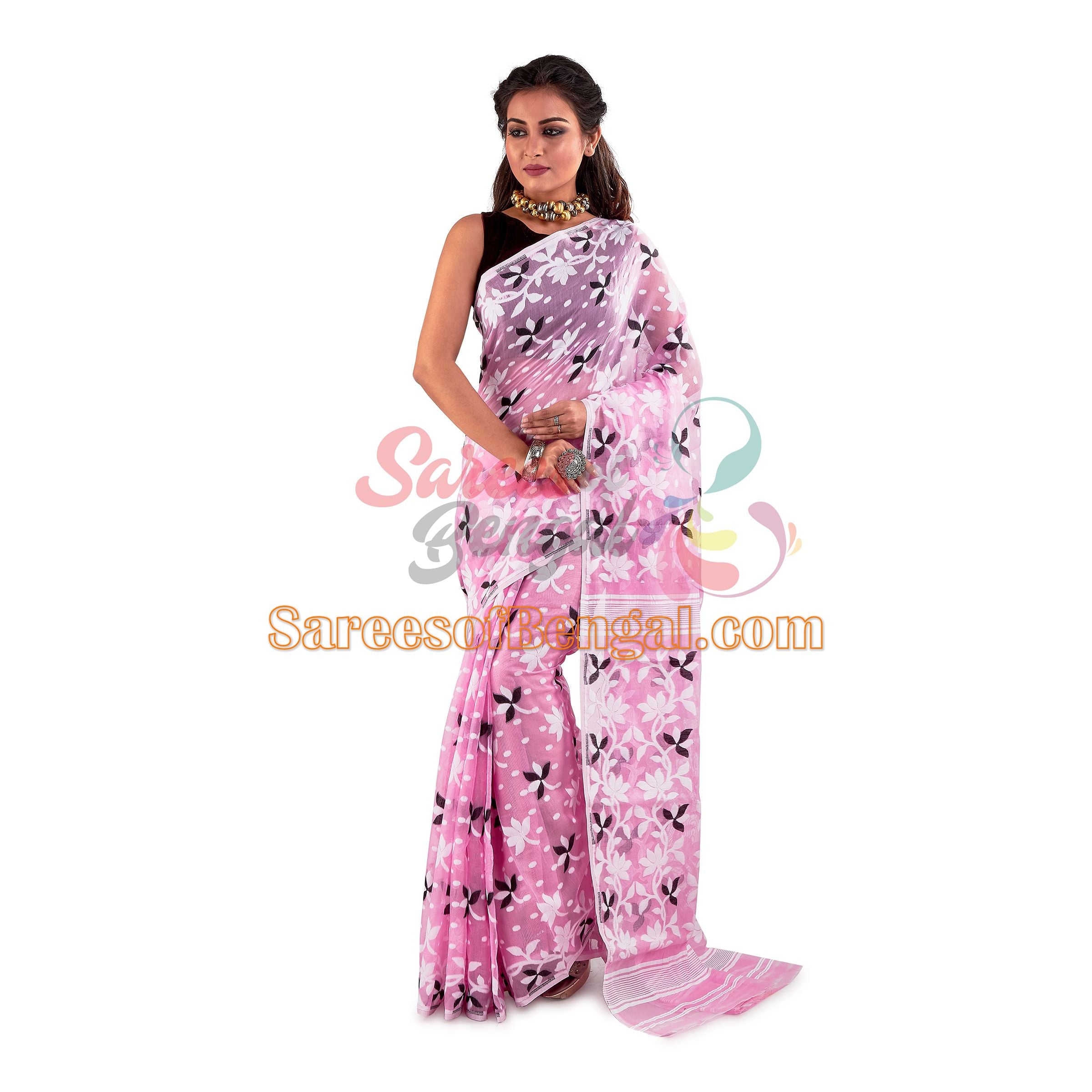 Floral Work Jamdani Saree Pink