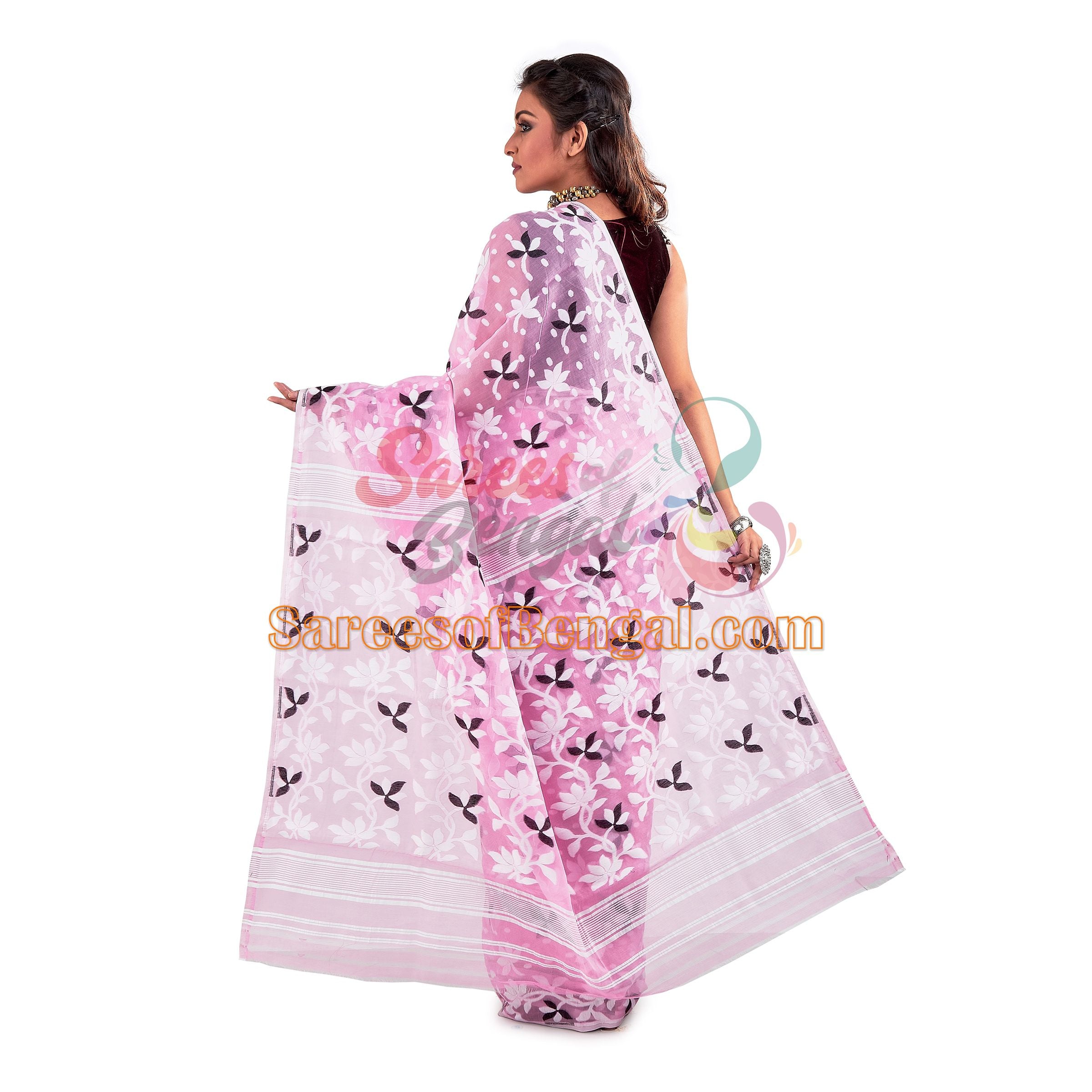 Floral Work Jamdani Saree Pink