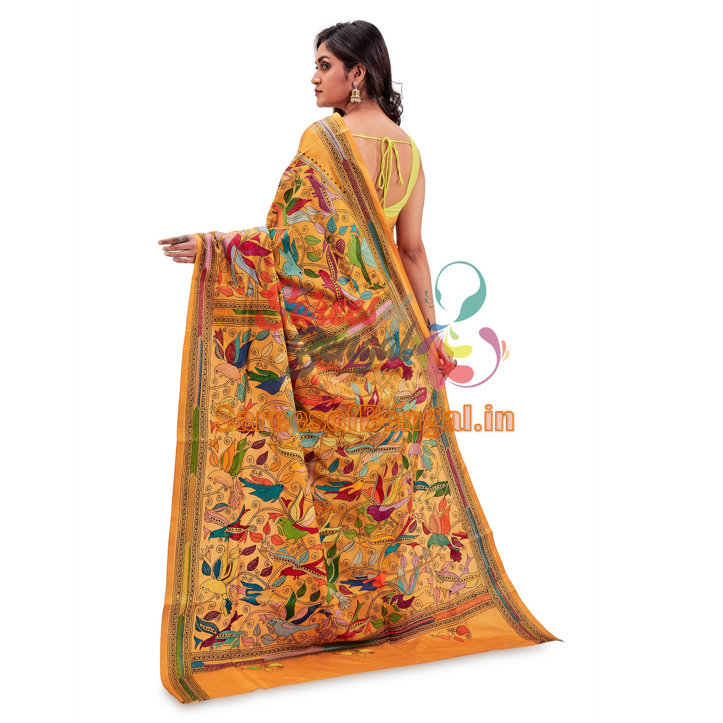 Mustard Bolpur Kantha Silk Saree