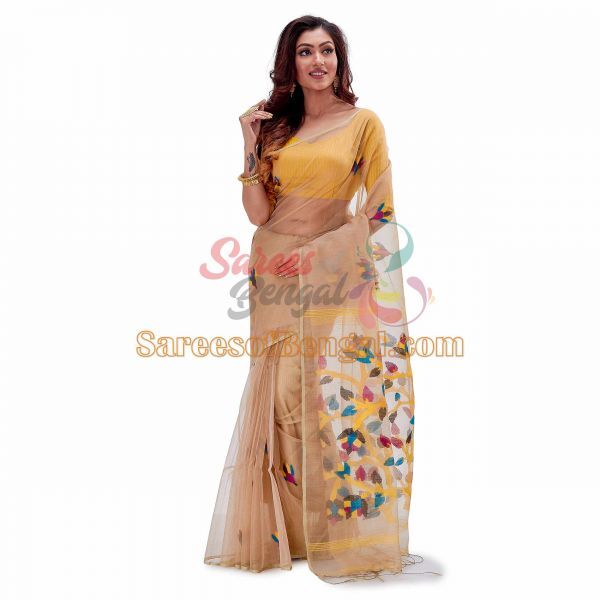 Handwoven Beige Muslin Jamdani Silk Saree