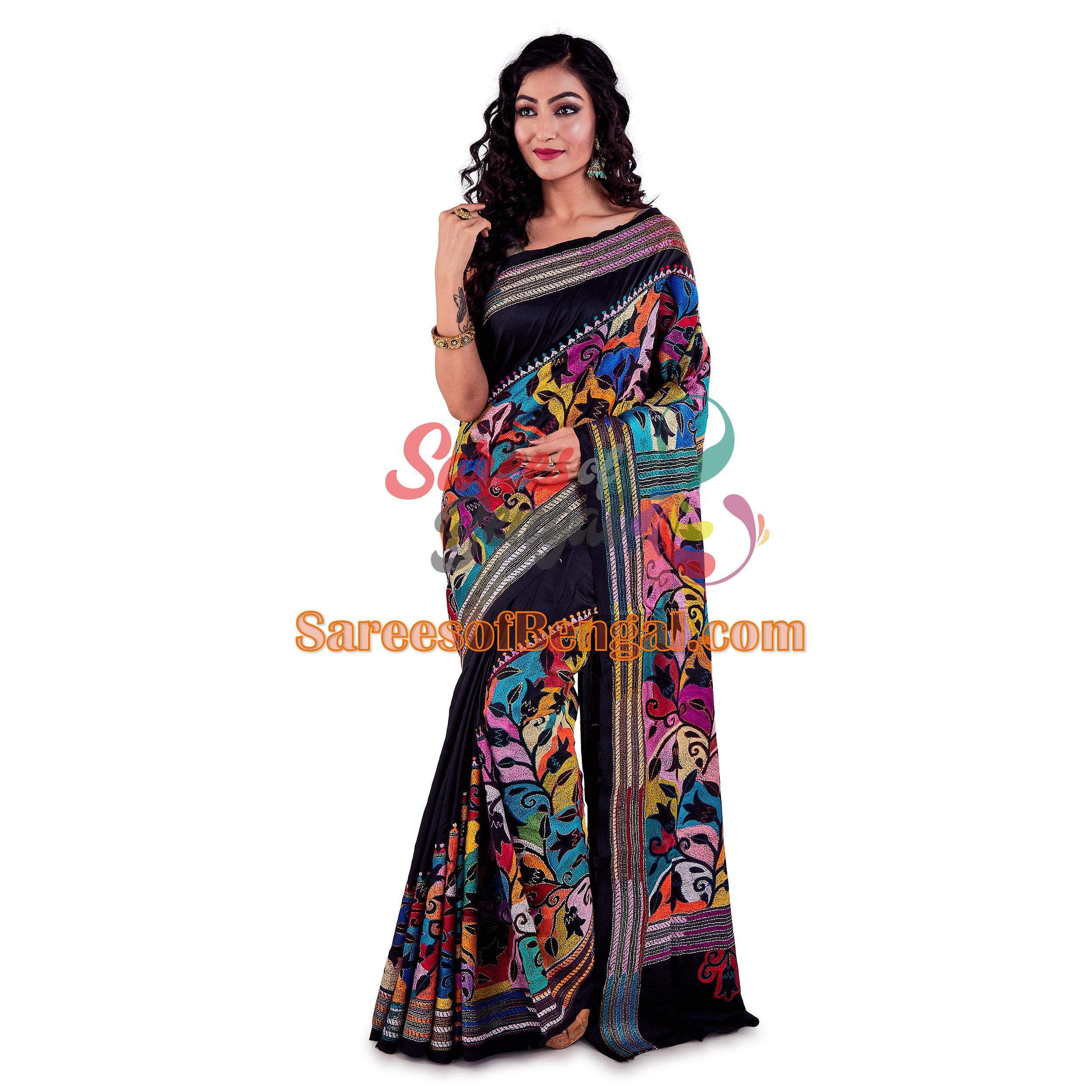 Multicoloured Embroidered Black Kantha Silk Saree