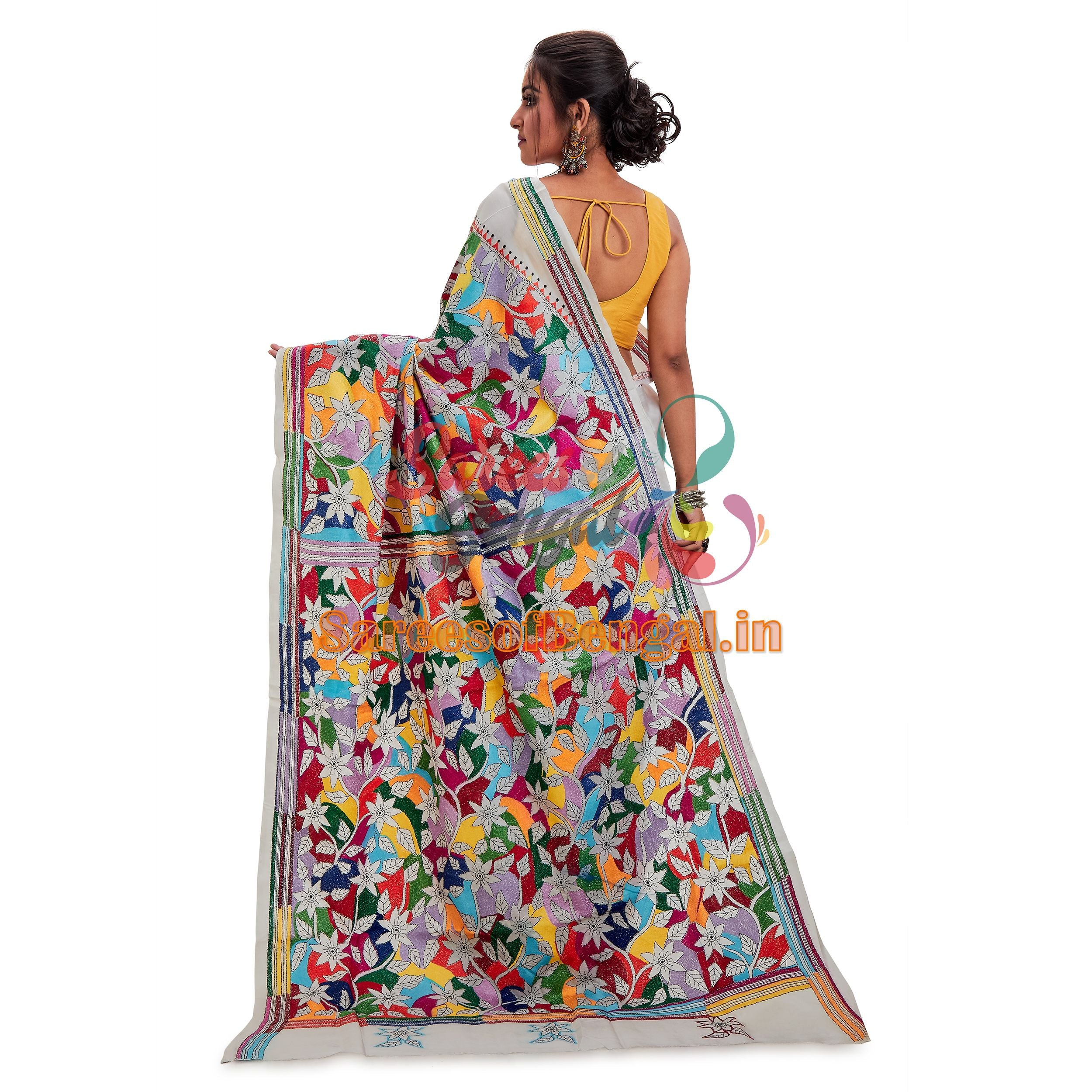 Multicoloured Bolpur Kantha Silk Saree