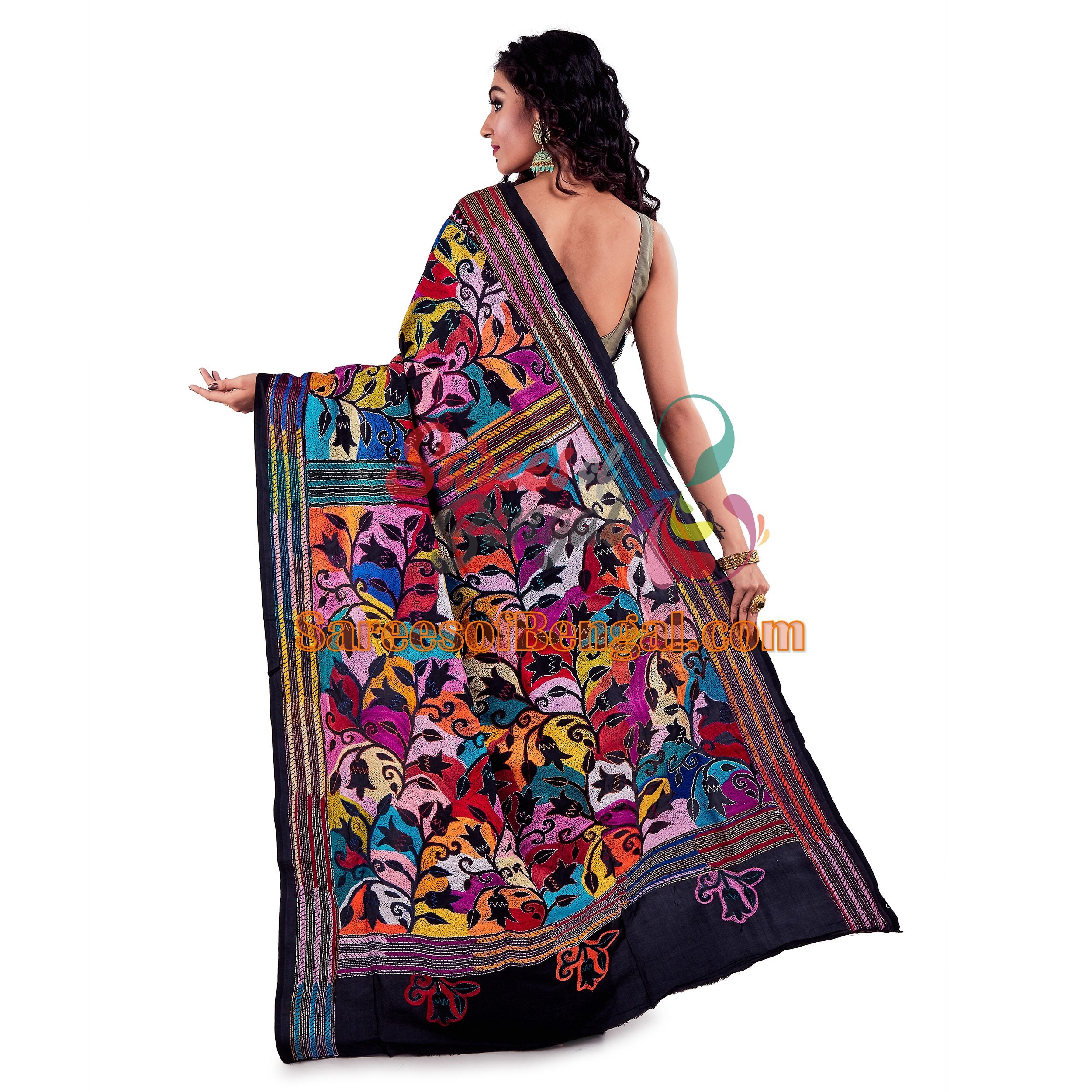 Multicoloured Embroidered Black Kantha Silk Saree