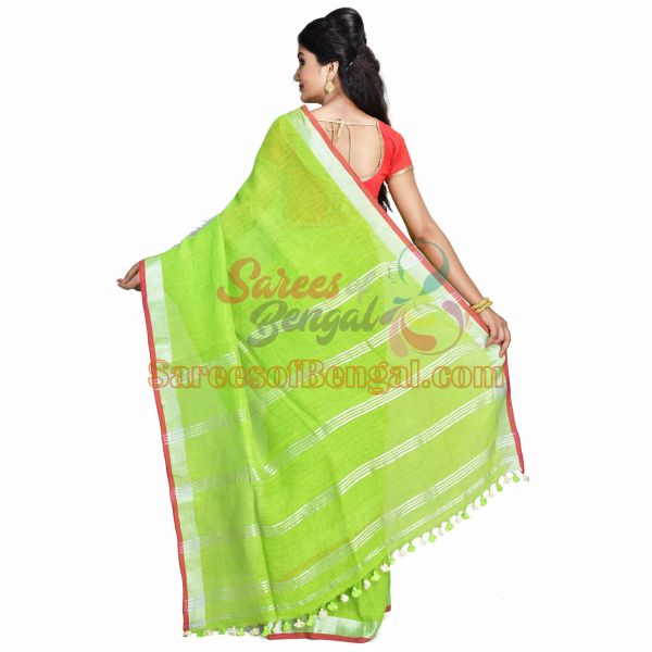 Lime Green Organic Linen Handwoven Saree