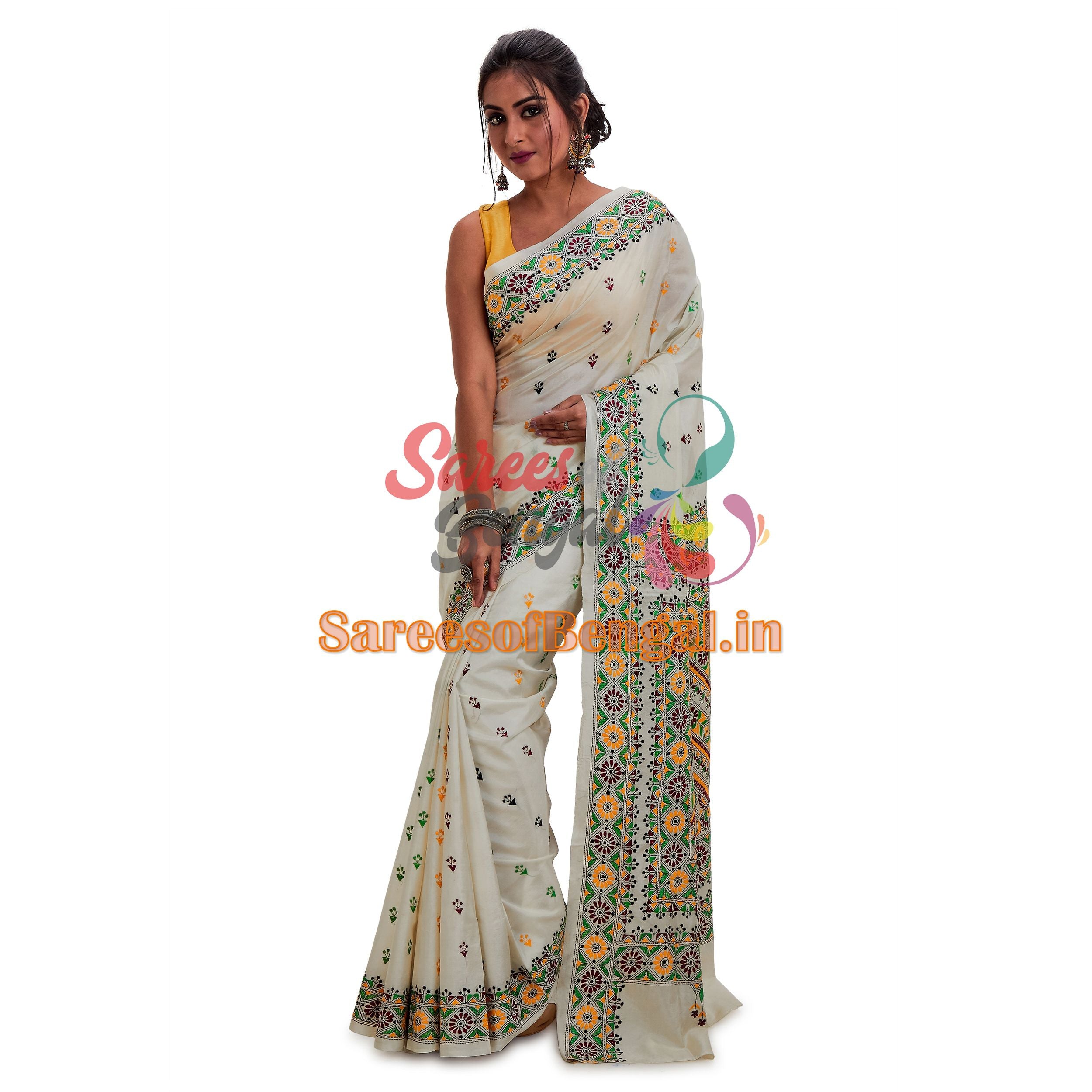 Floral Motif Embroidered Kantha Silk Saree