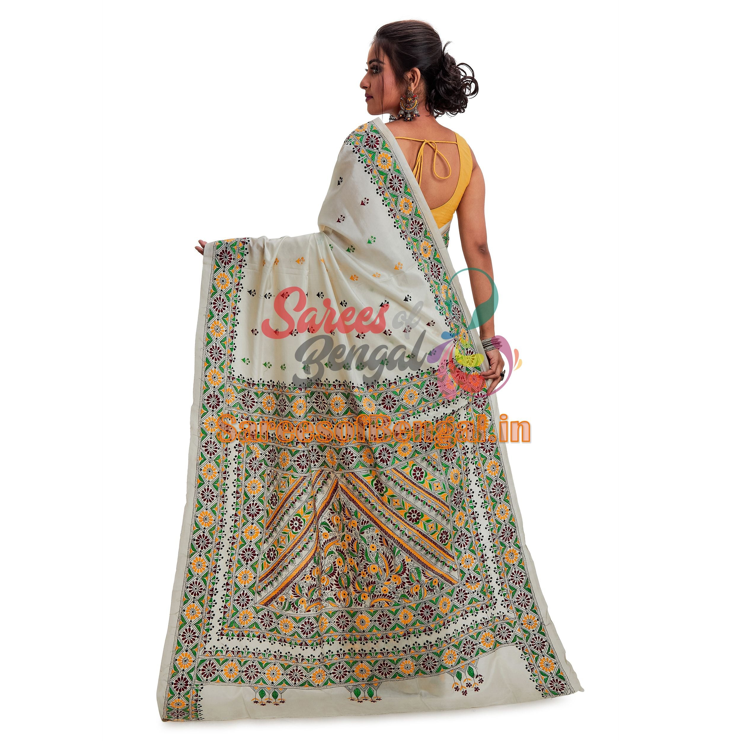 Floral Motif Embroidered Kantha Silk Saree