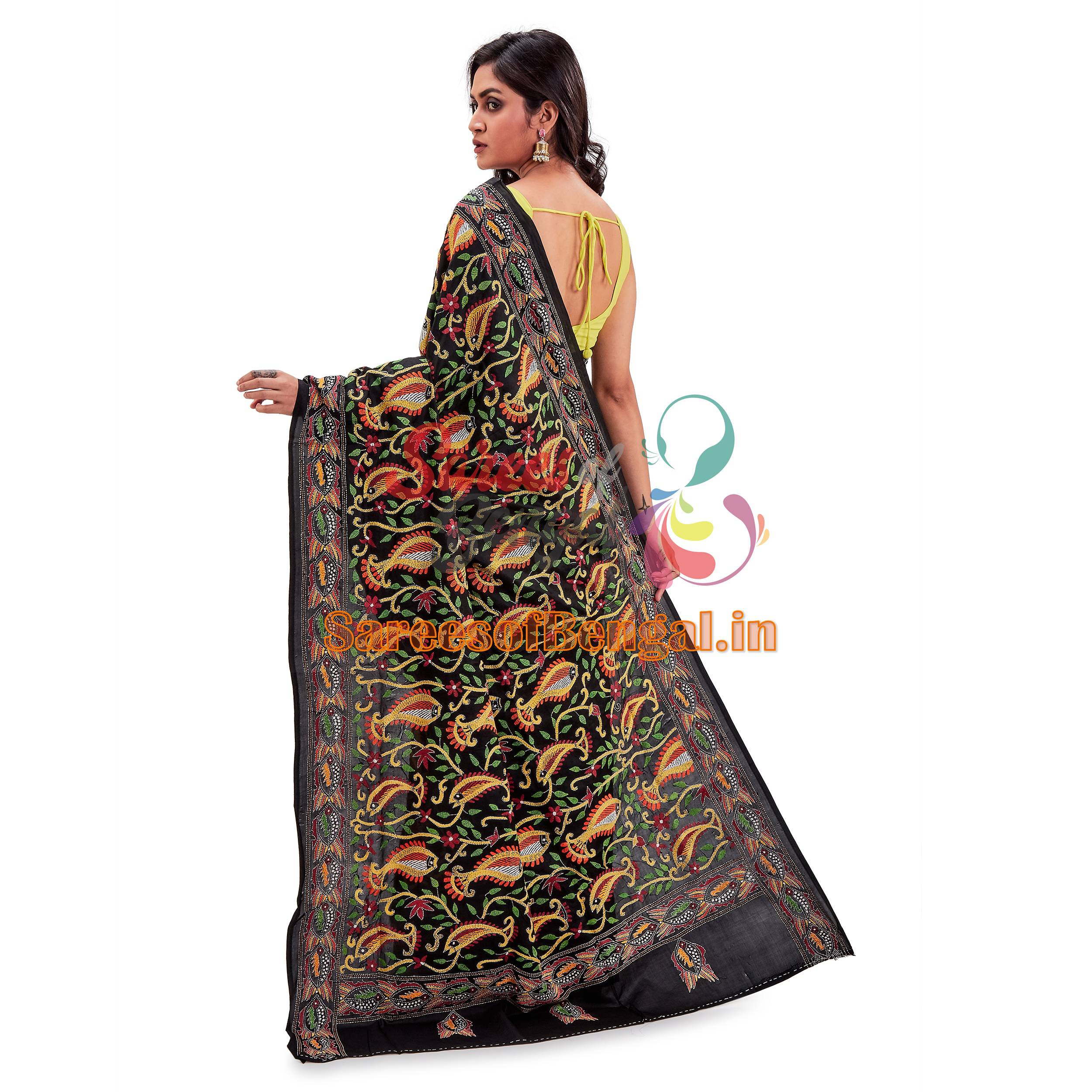 Multicoloured Fish Motif Kantha Silk Saree