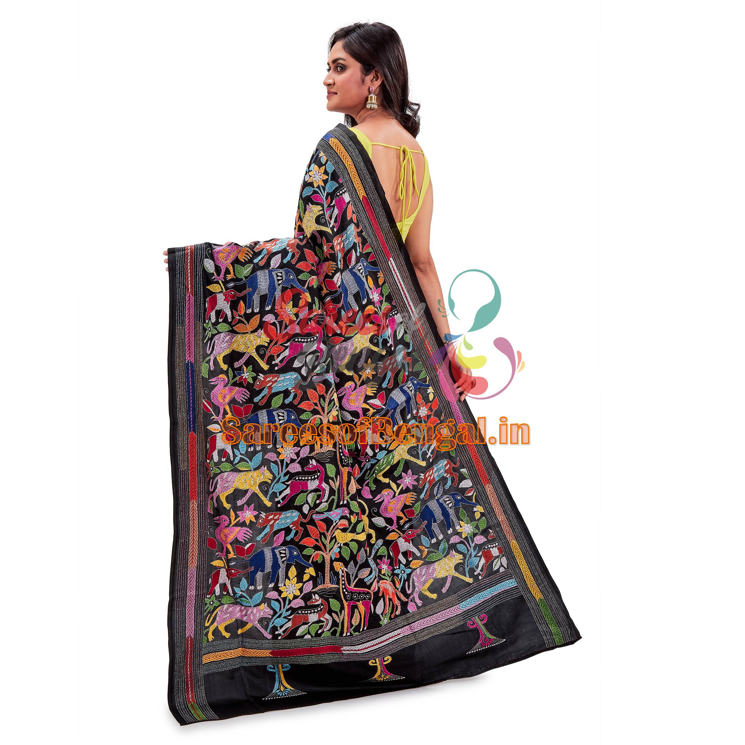 Multicoloured Half-N-Half Kantha Silk Saree