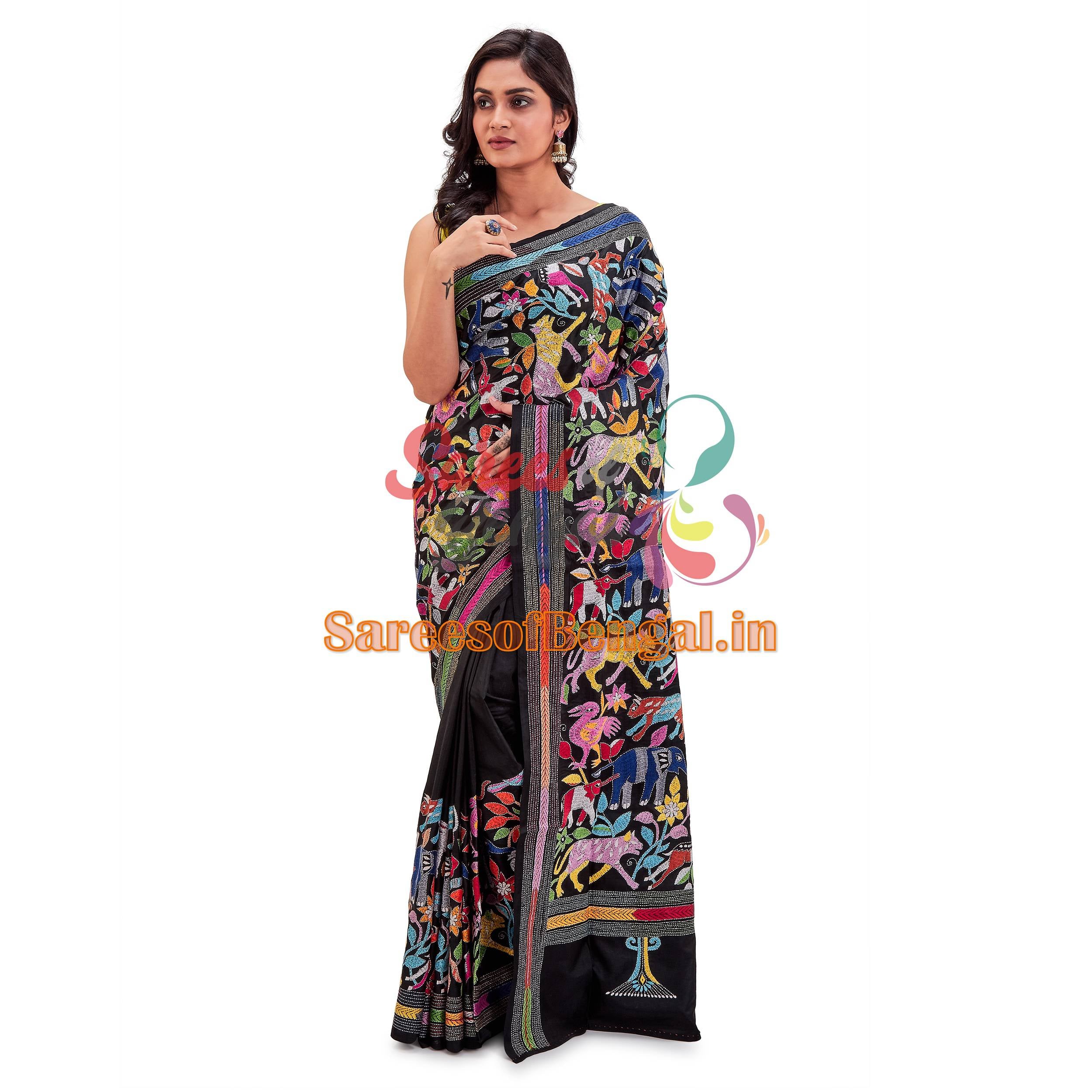 Multicoloured Half-N-Half Kantha Silk Saree