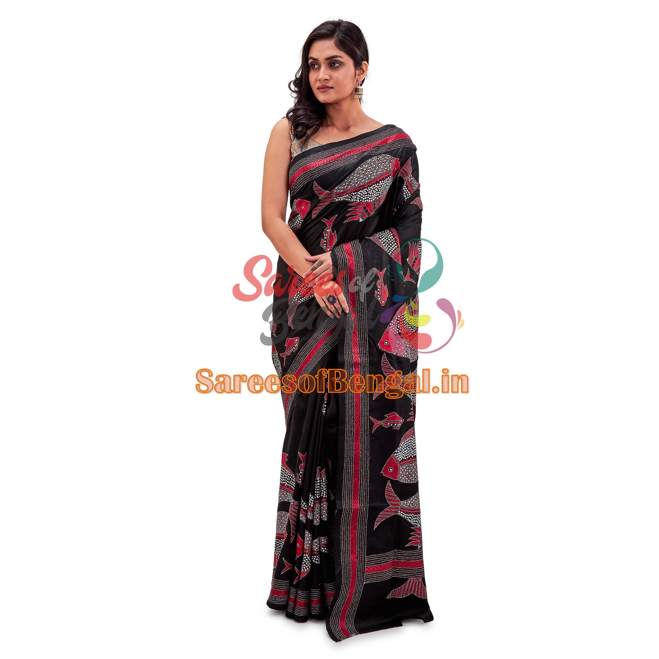 Fish Motif Kantha Silk Saree Black