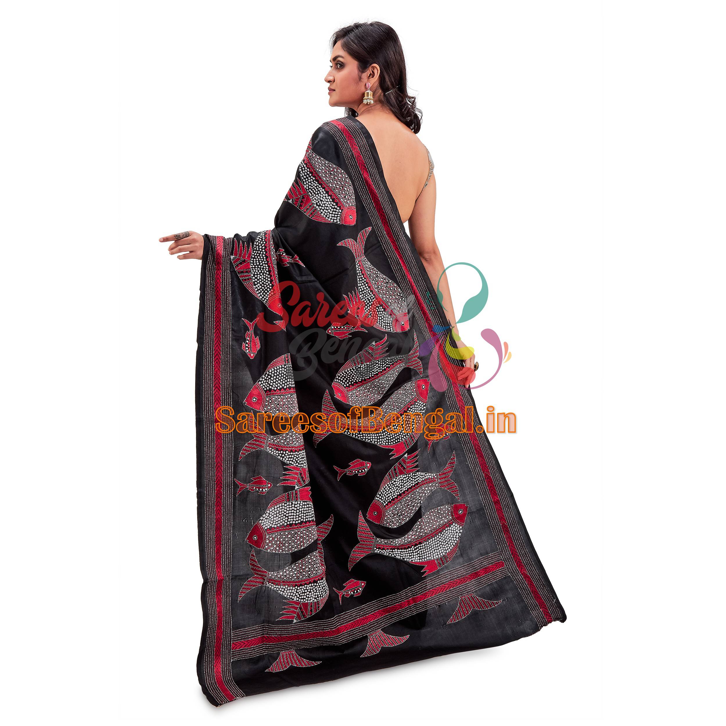 Fish Motif Kantha Silk Saree Black