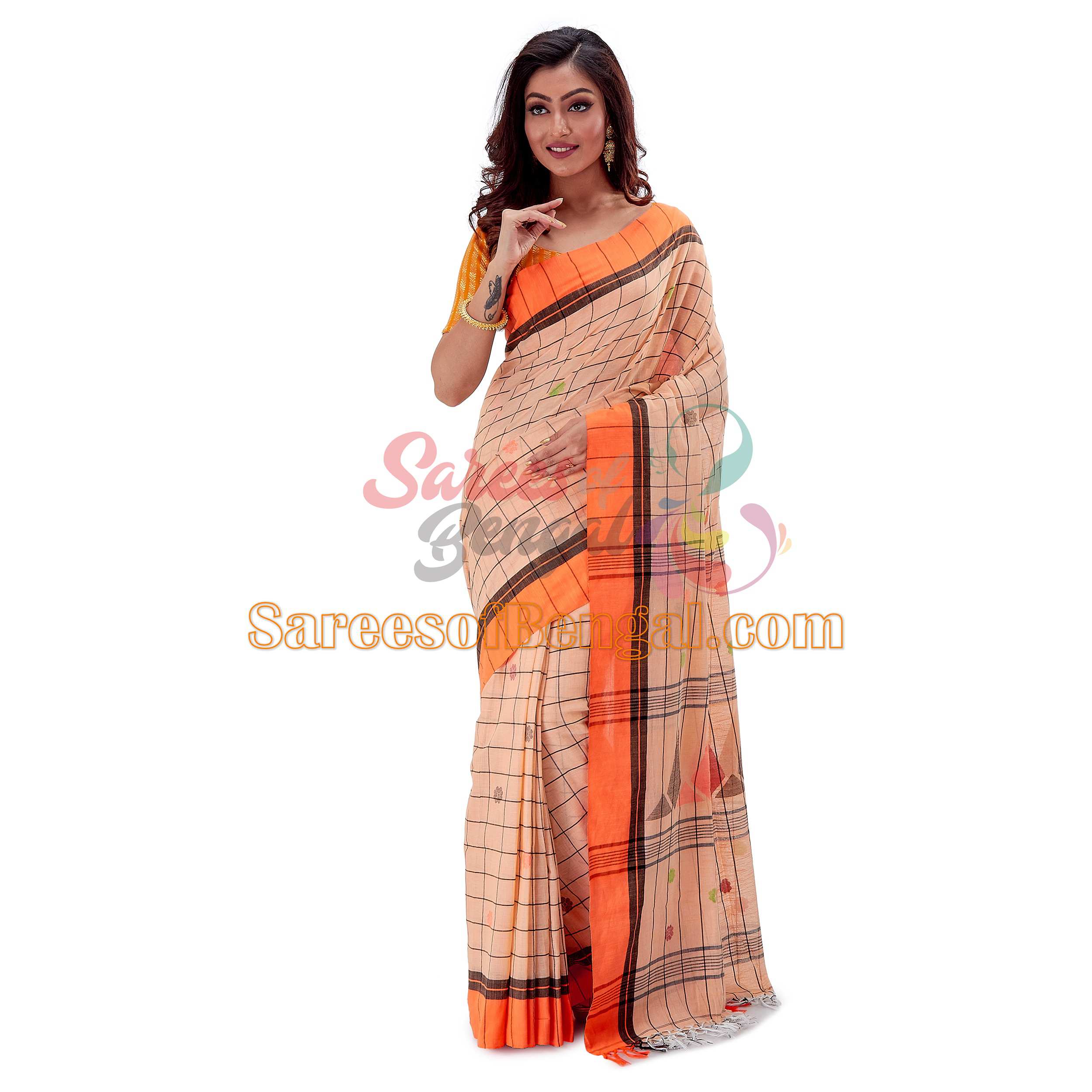 Checkered Bengal Khadi Jamdani Saree