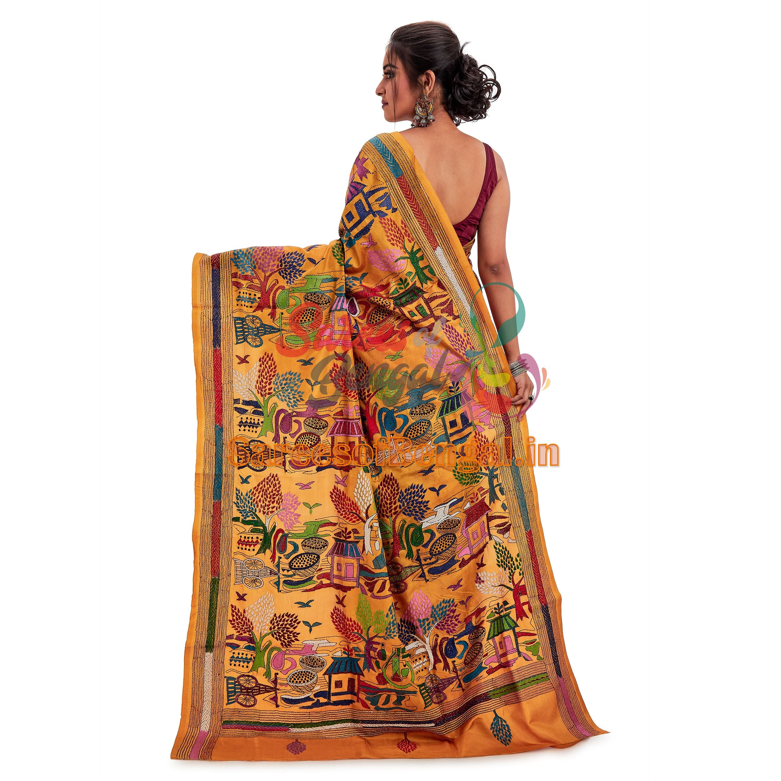 Village Motif Embroidered Kantha Silk Saree