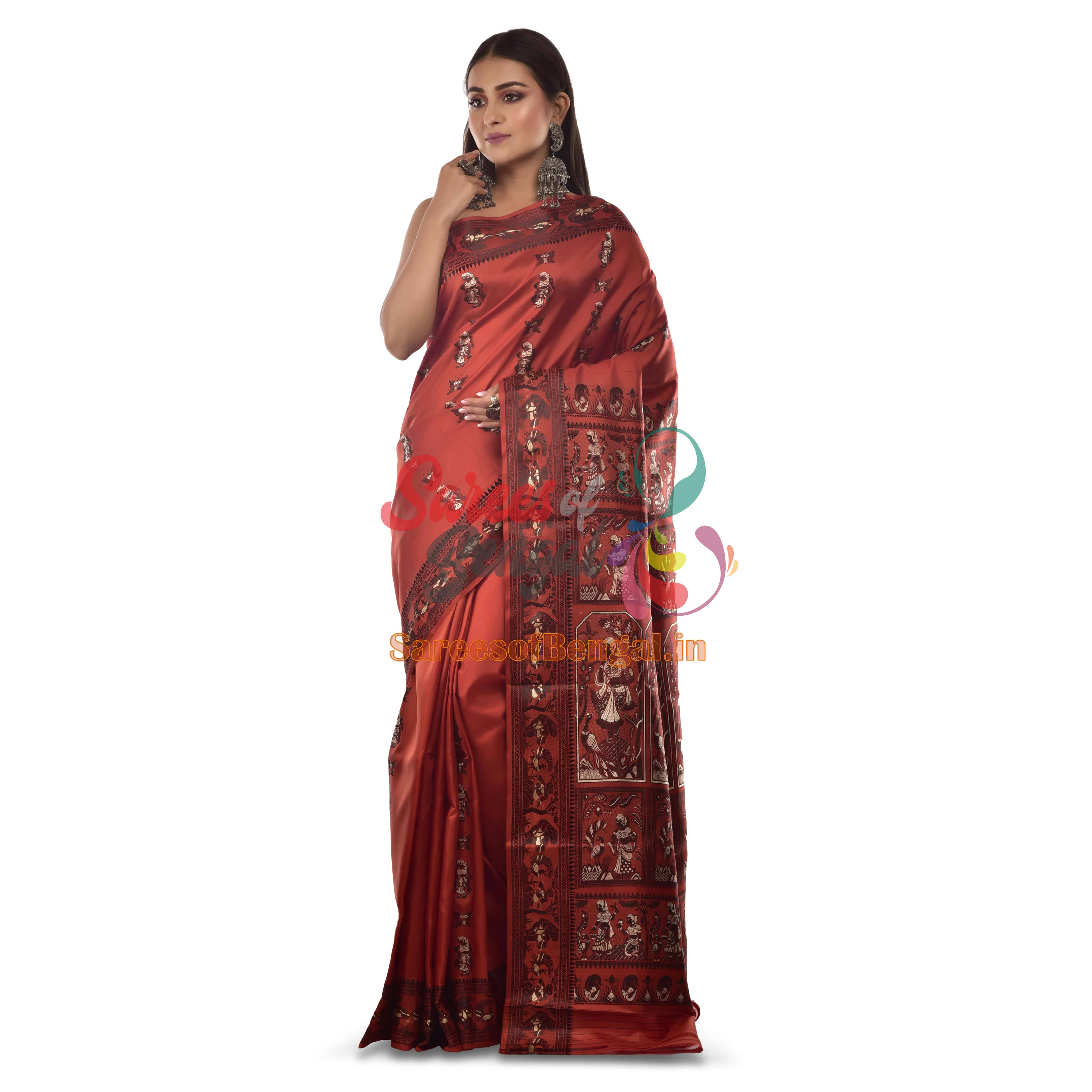 Rust Orange Baluchari Silk Saree