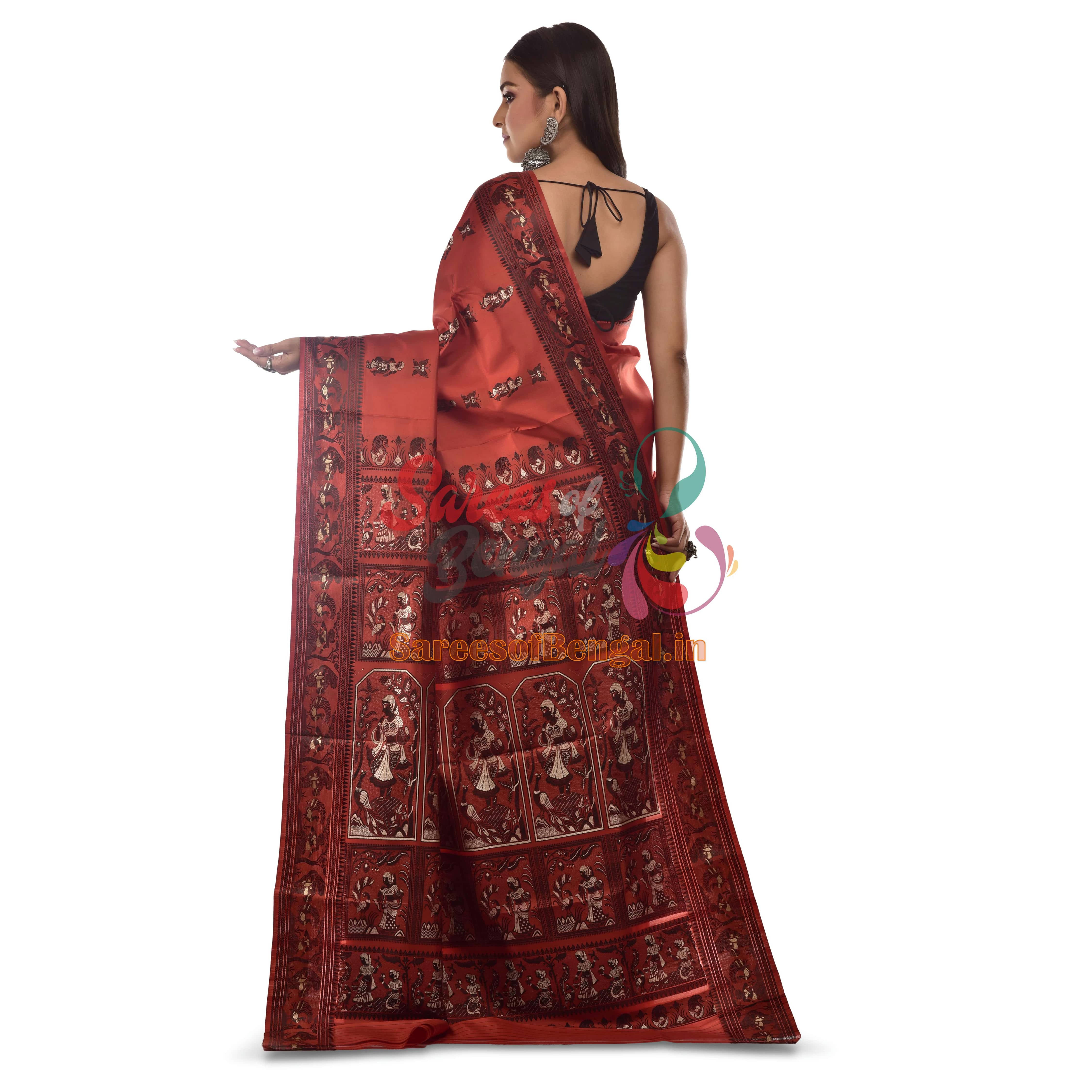 Rust Orange Baluchari Silk Saree