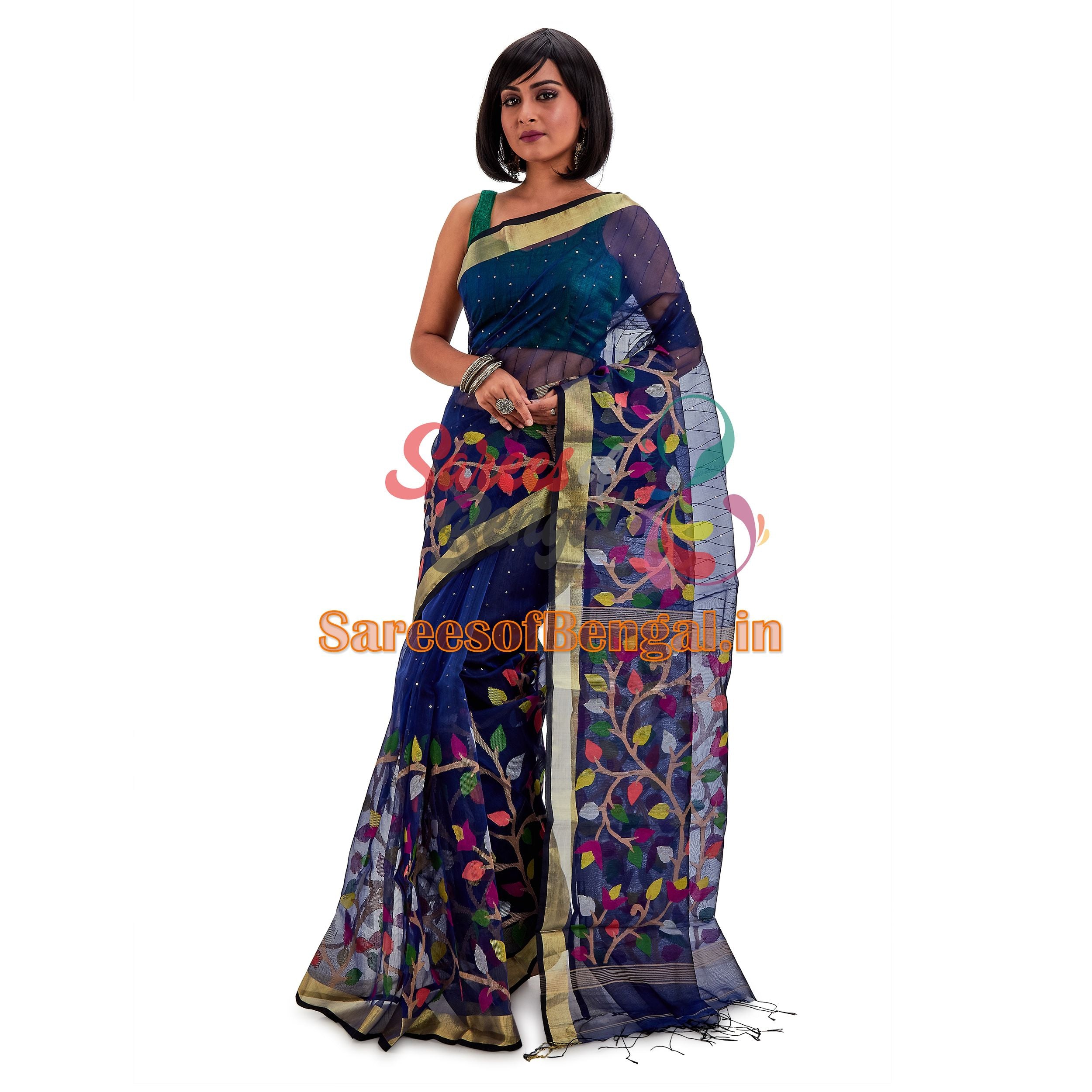 Handwoven Sequined Muslin Jamdani Silk Saree