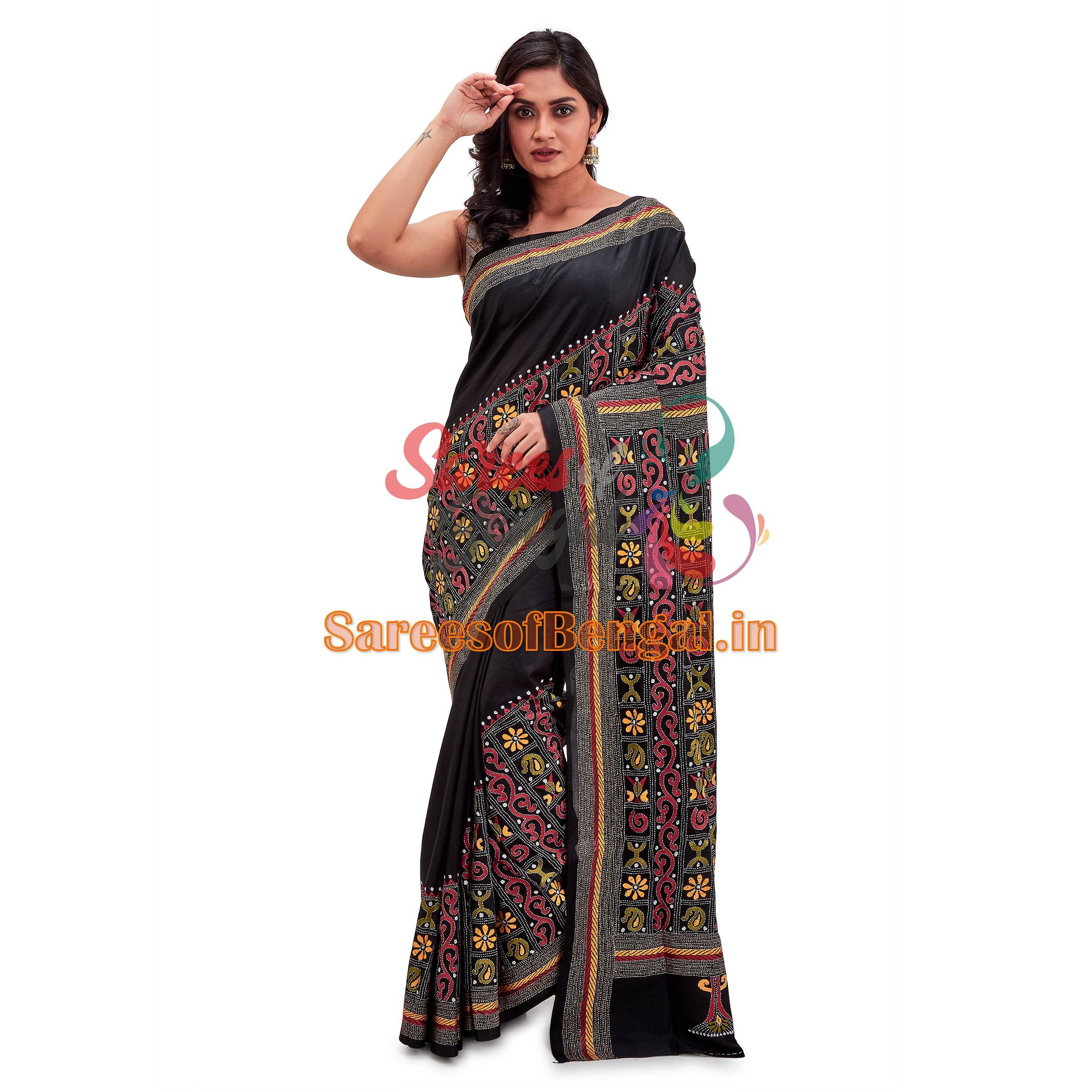 Hand Embroidered Kantha Silk Saree Black