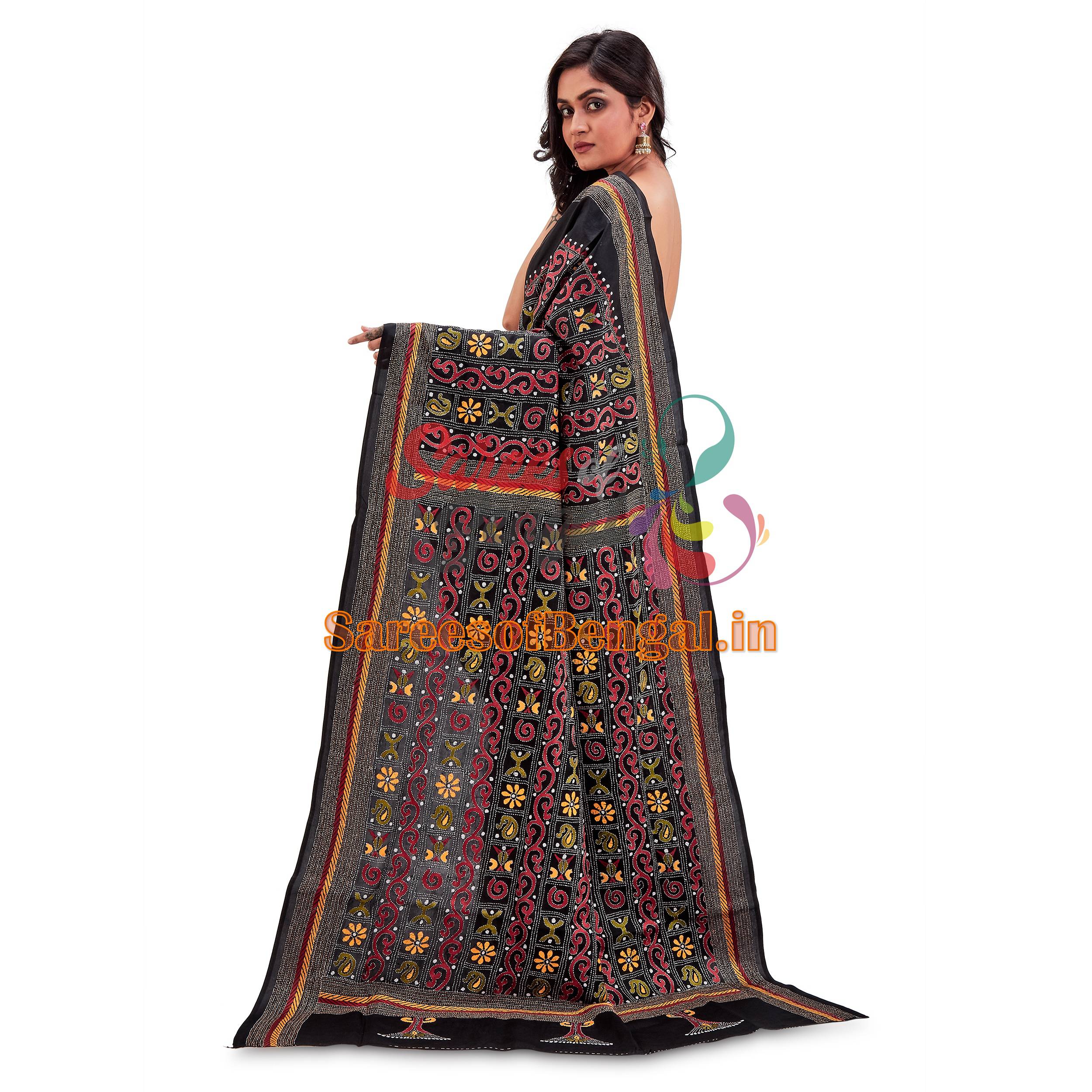 Hand Embroidered Kantha Silk Saree Black