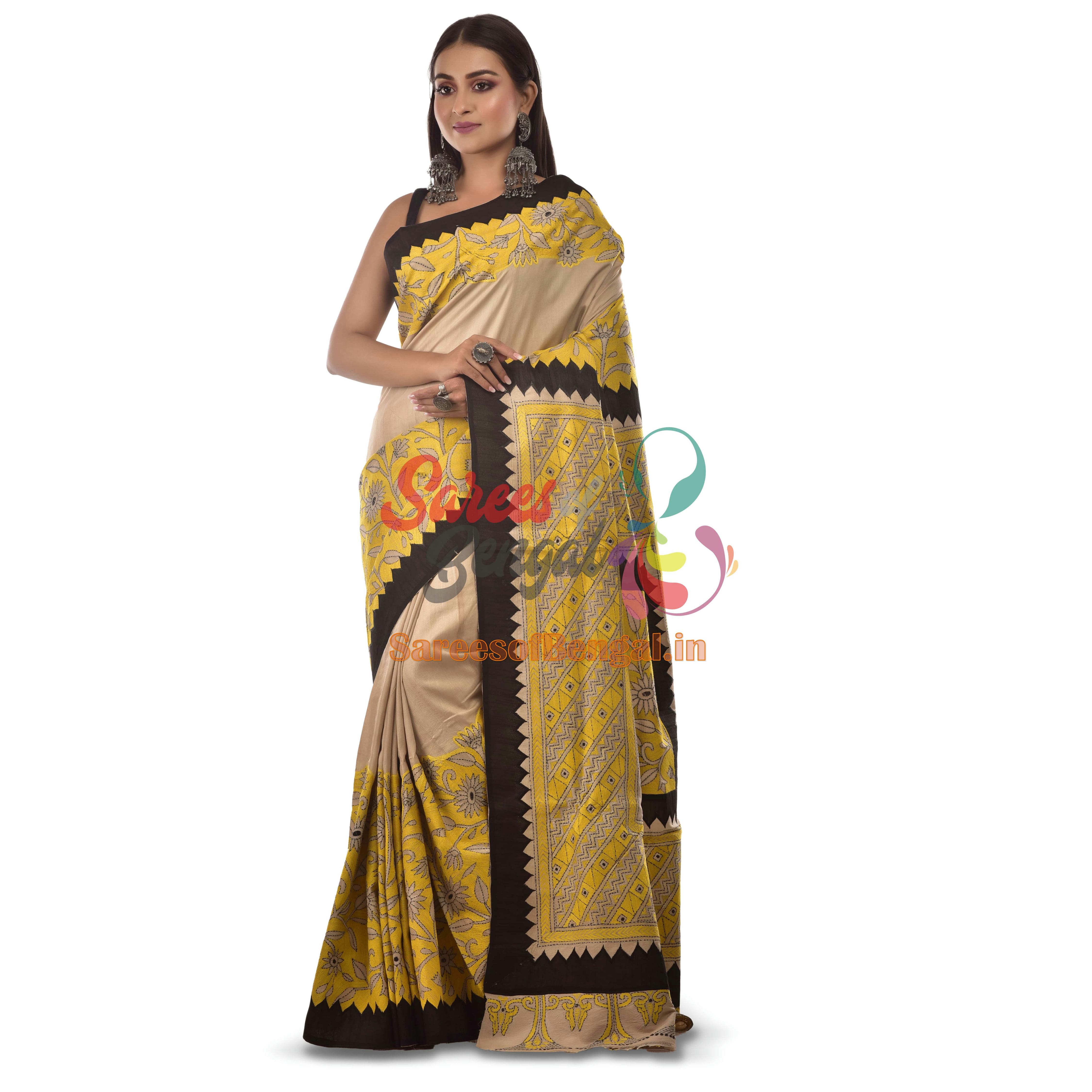 Premium Applique Tussar Kantha Silk Saree