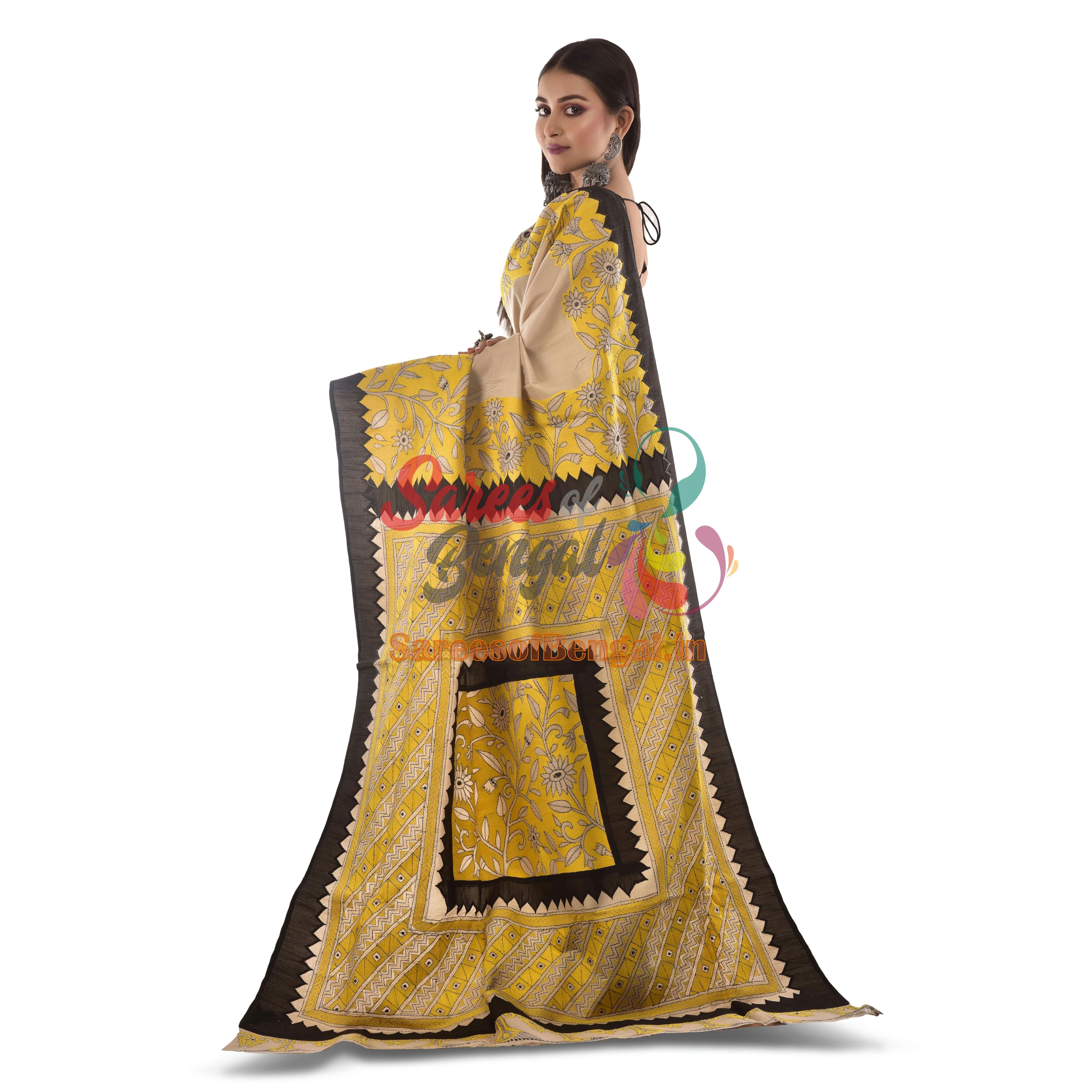 Premium Applique Tussar Kantha Silk Saree