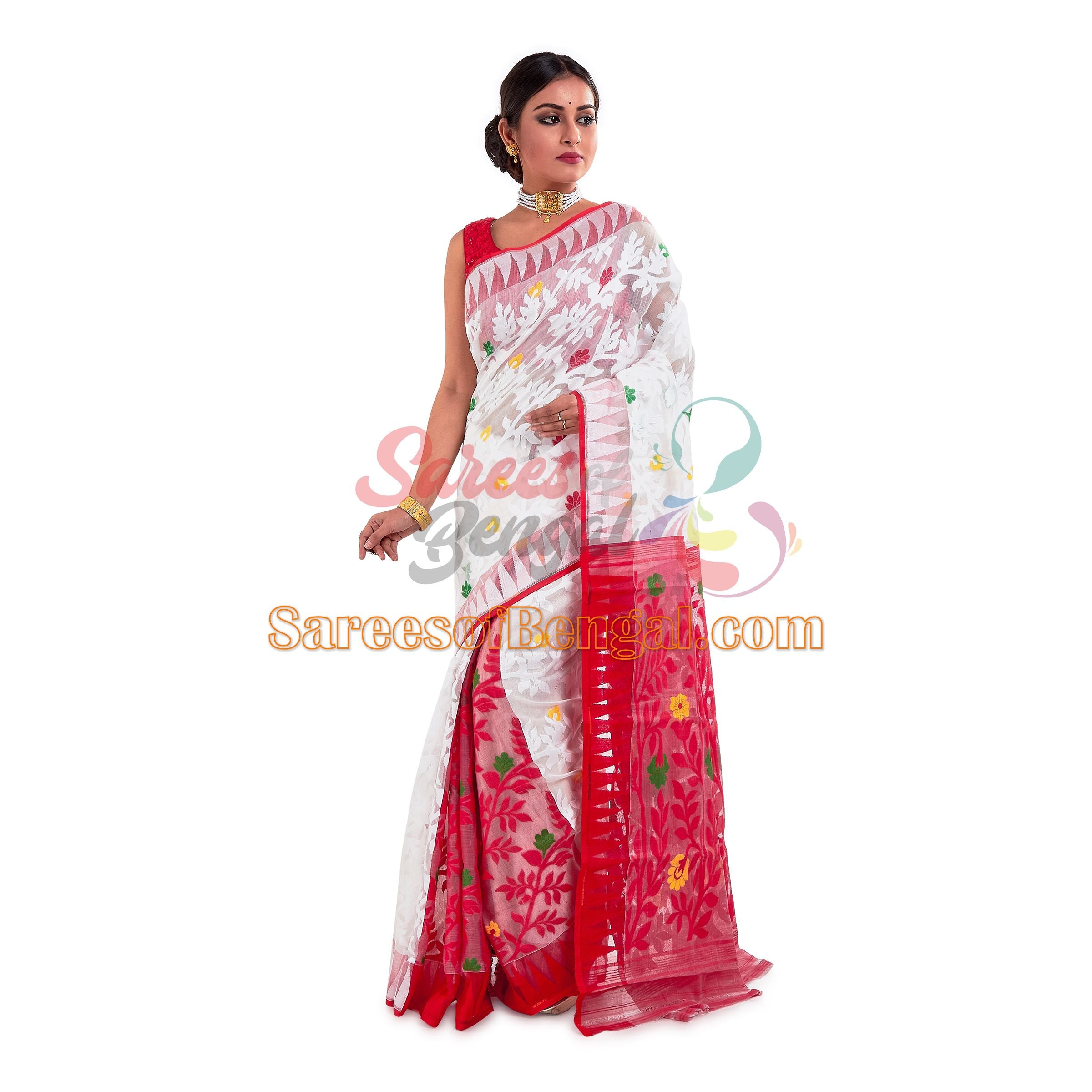 Premium Red And White Jamdani Saree