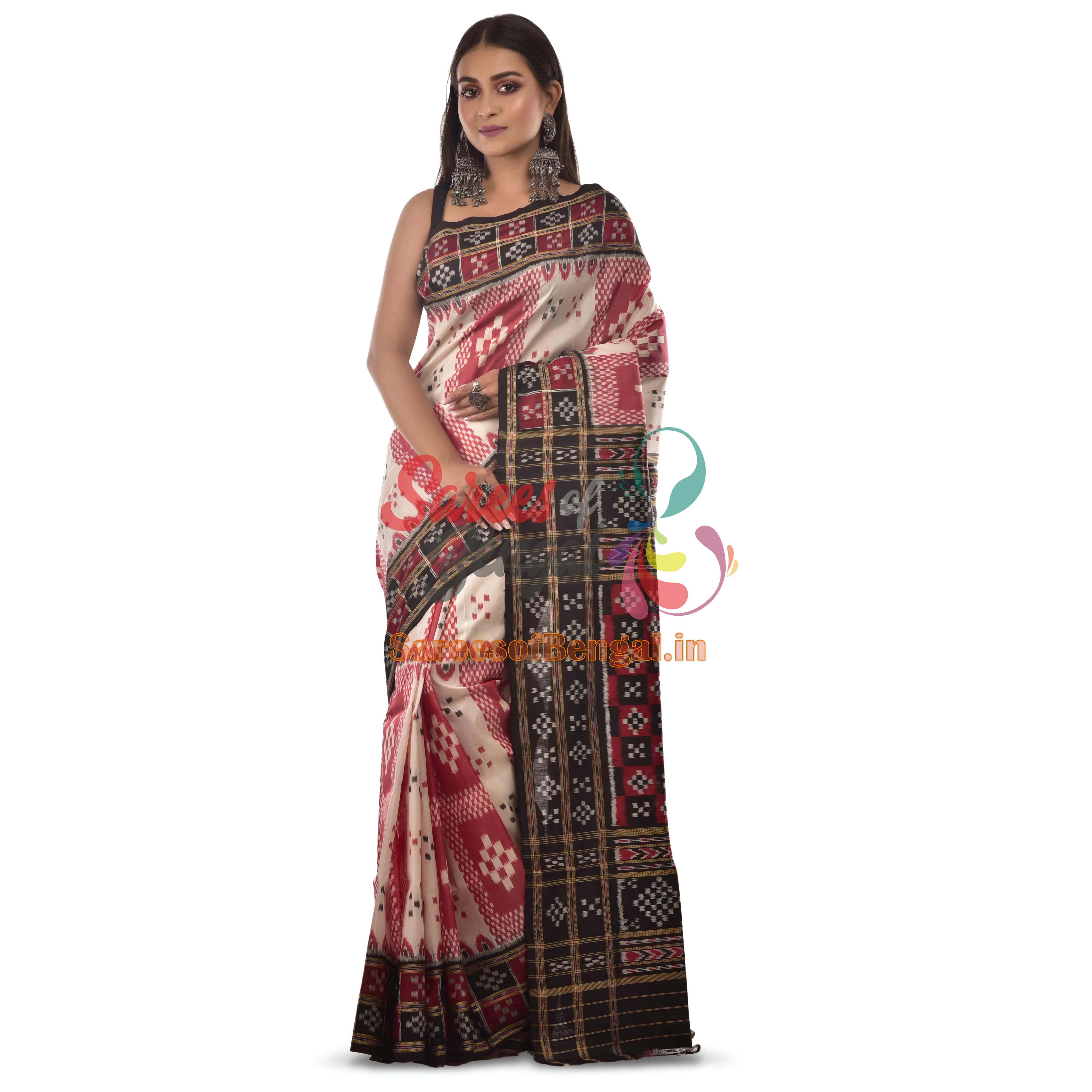 White And Red Pasapalli Ikkat Silk Saree