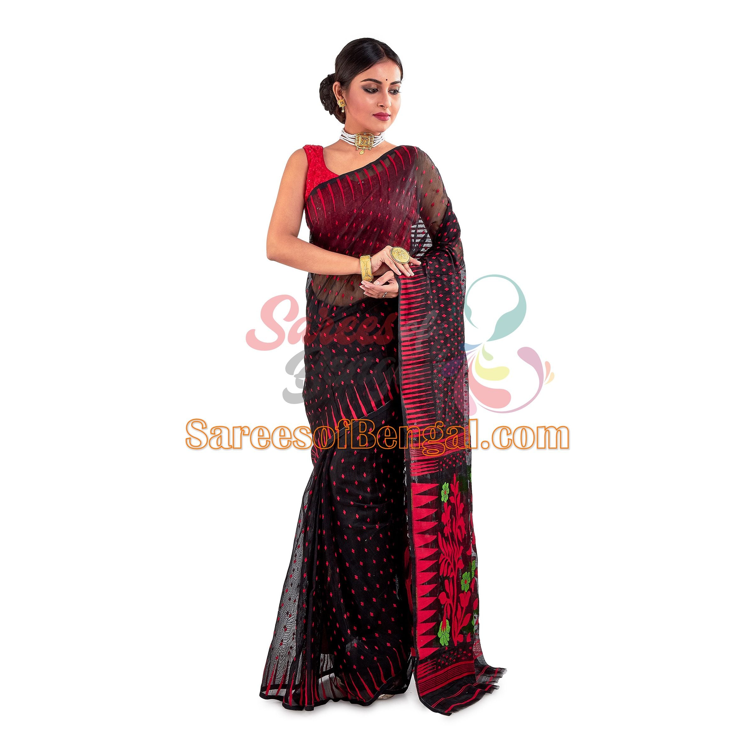 Black Floral Work Jamdani Saree Pink