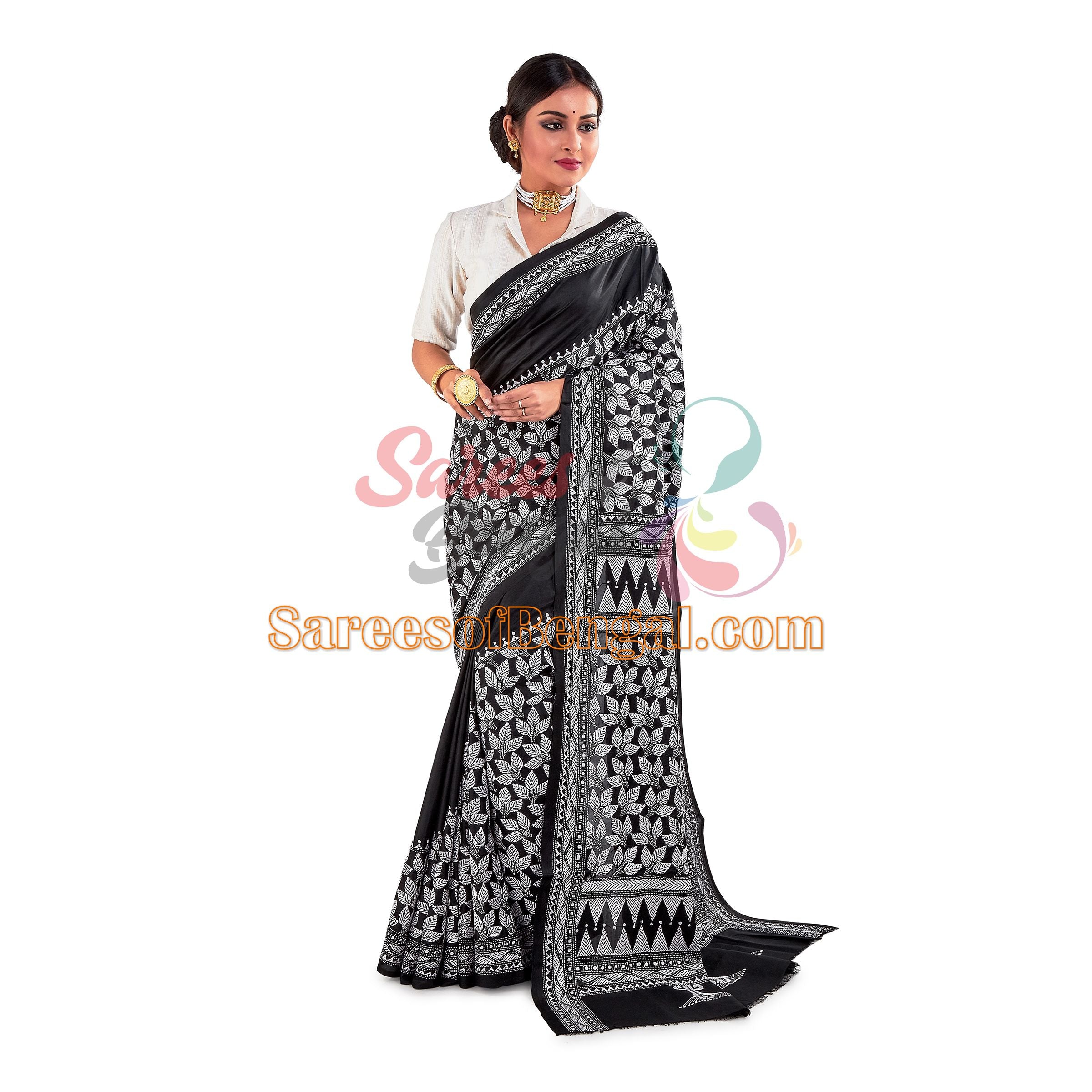 'Bel Pata' Embroidered Kantha Silk Saree