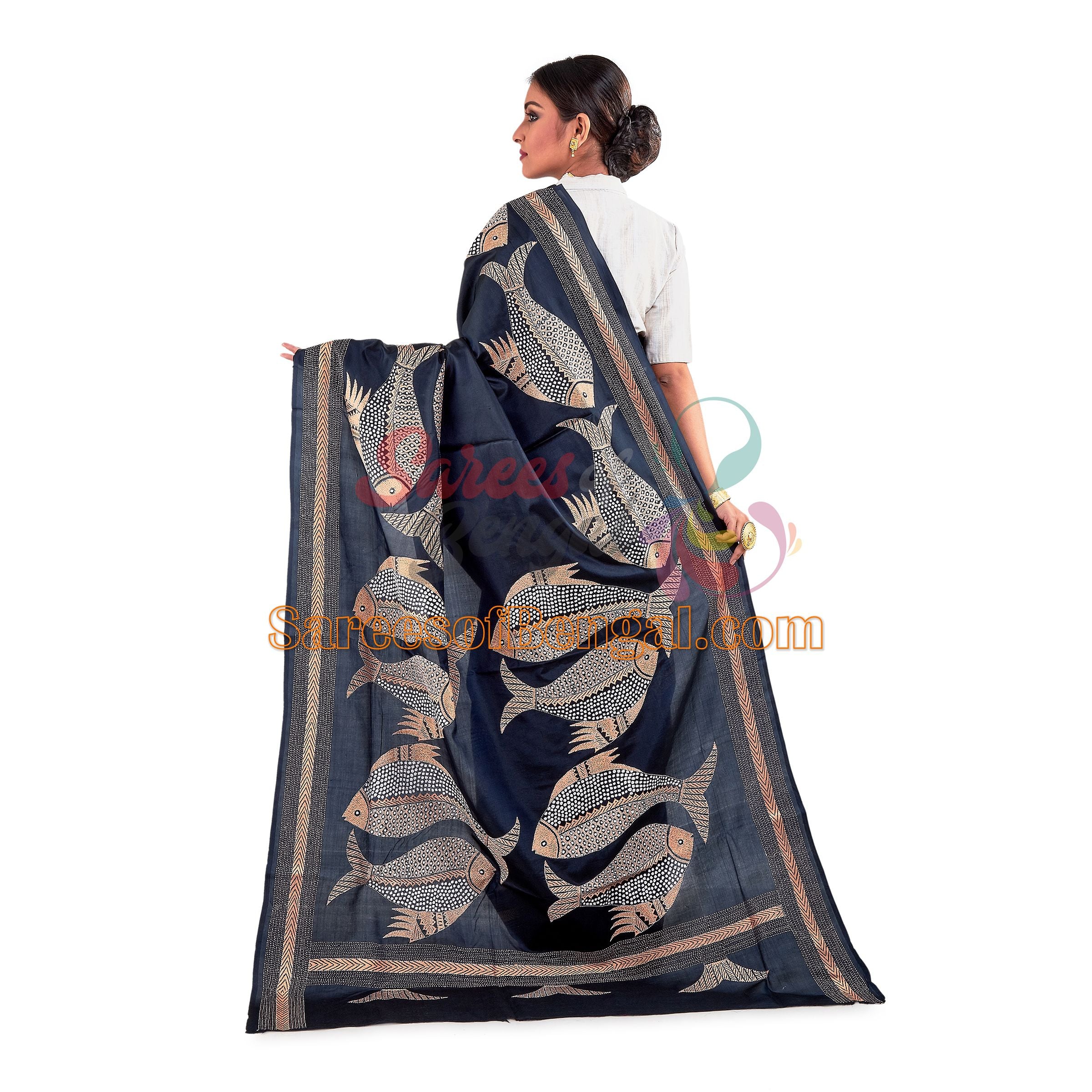 Fish Motif Kantha Silk Saree Black